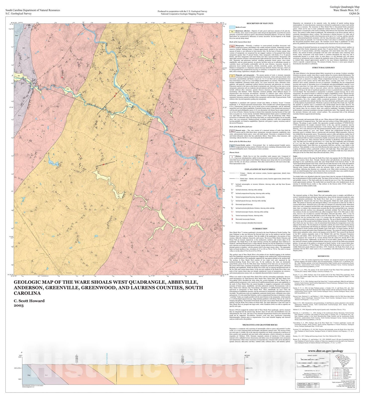 Map : Geologic map of the Ware Shoals West quadrangle, Abbeville, Anderson, Greenville, Greenwood, and Laurens Counties, South Carolina, 2003 Cartography Wall Art :