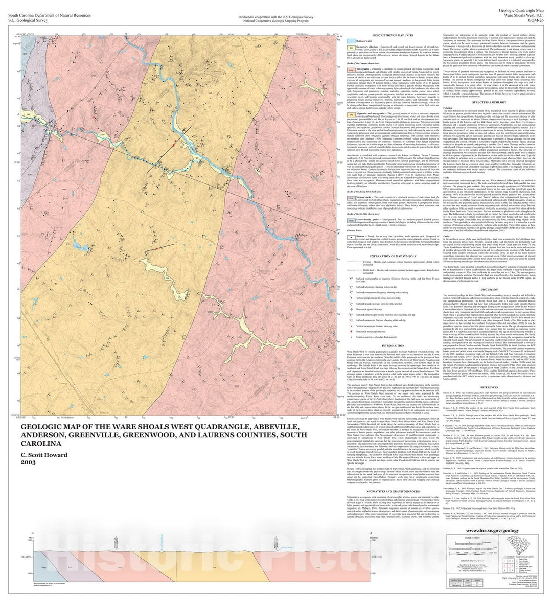 Map : Geologic map of the Ware Shoals West quadrangle, Abbeville, Anderson, Greenville, Greenwood, and Laurens Counties, South Carolina, 2003 Cartography Wall Art :