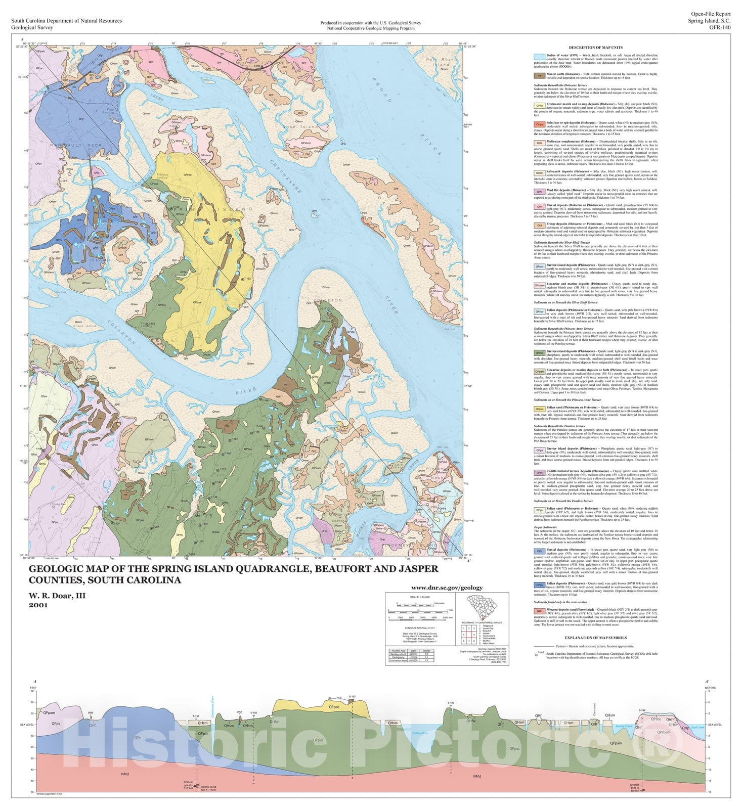 Map : Geologic map of the Spring Island quadrangle, Beaufort and Jasper Counties, South Carolina, 2001 Cartography Wall Art :