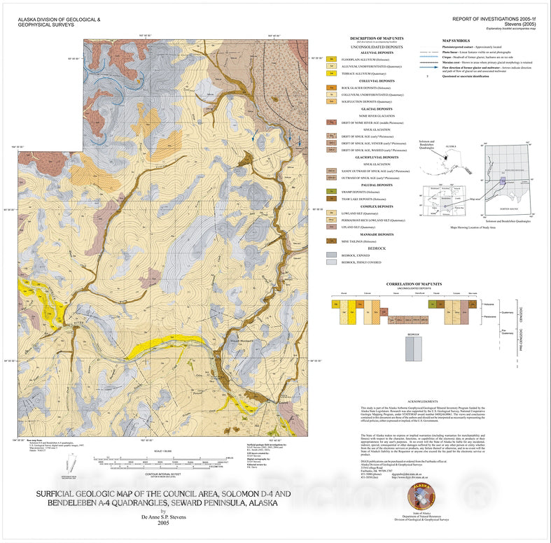Map : Surficial geologic map of the Council Area, Solomon D-4 and Bendeleben A-4 Quadrangles, Seward Peninsula, Alaska, 2005 Cartography Wall Art :