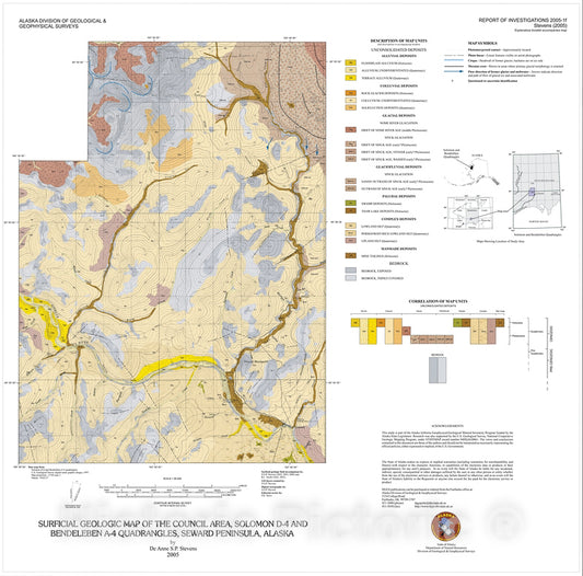 Map : Surficial geologic map of the Council Area, Solomon D-4 and Bendeleben A-4 Quadrangles, Seward Peninsula, Alaska, 2005 Cartography Wall Art :