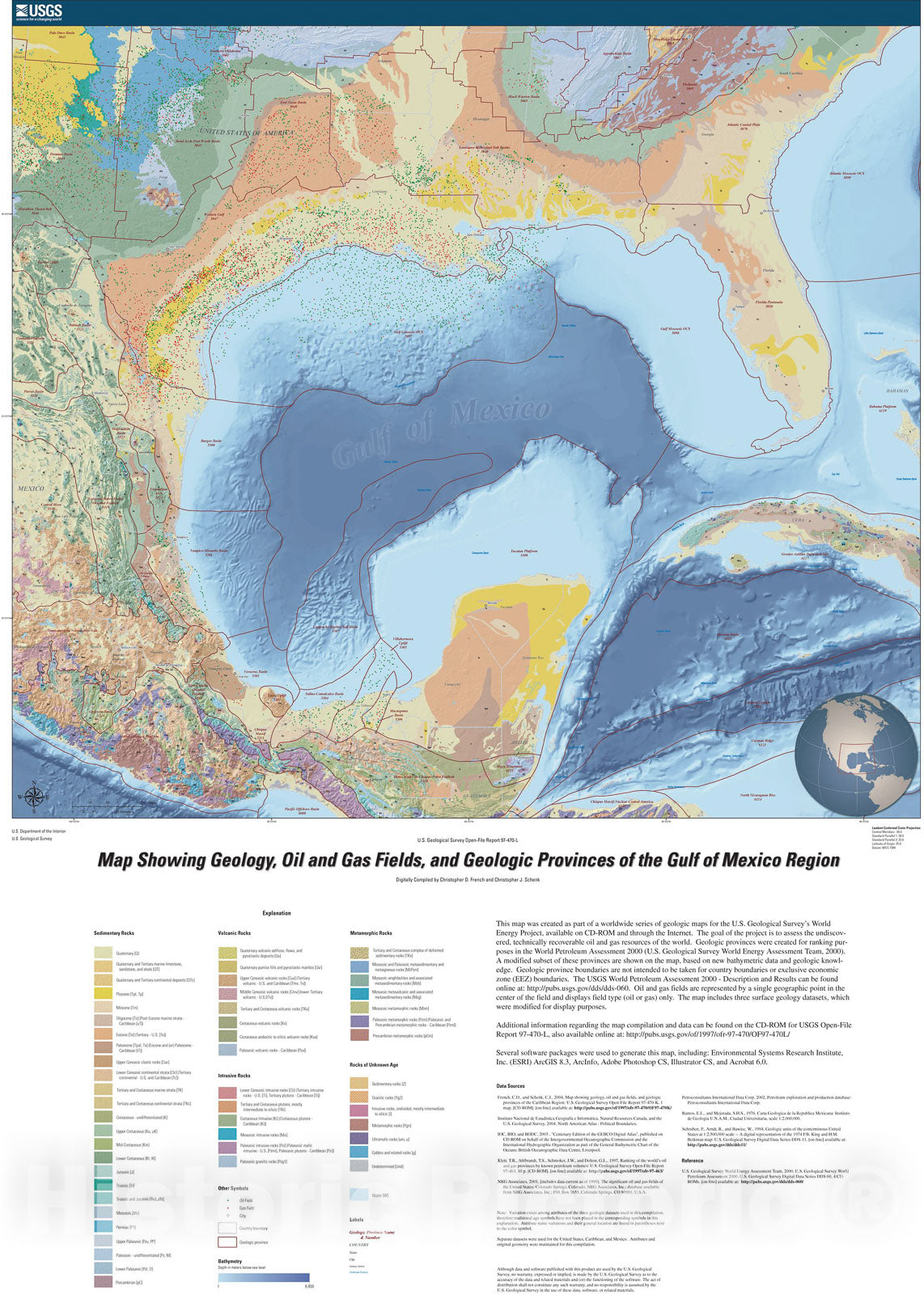 Map : Map showing geology, oil and gas fields, and geologic provinces of the Gulf of Mexico region, 2006 Cartography Wall Art :