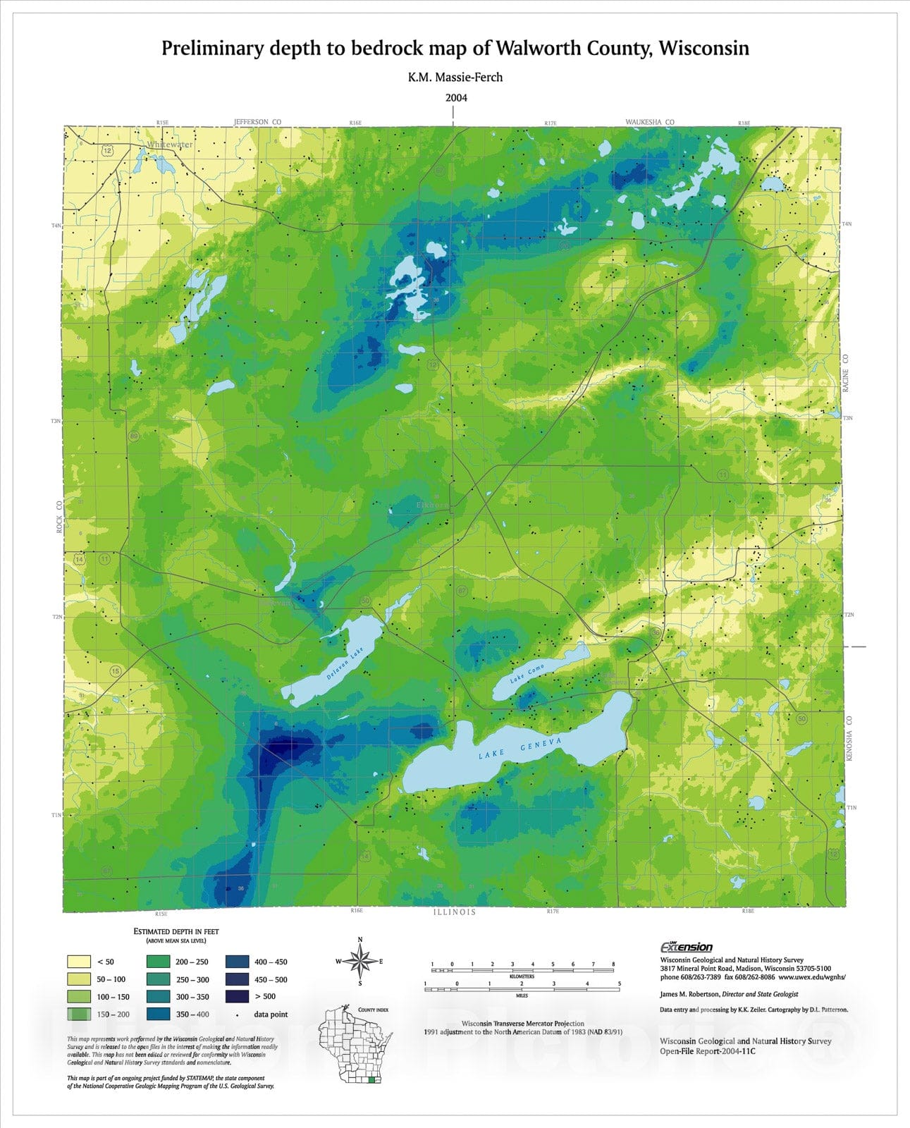 Map : Preliminary depth to bedrock map of Walworth County, Wisconsin, 2004 Cartography Wall Art :