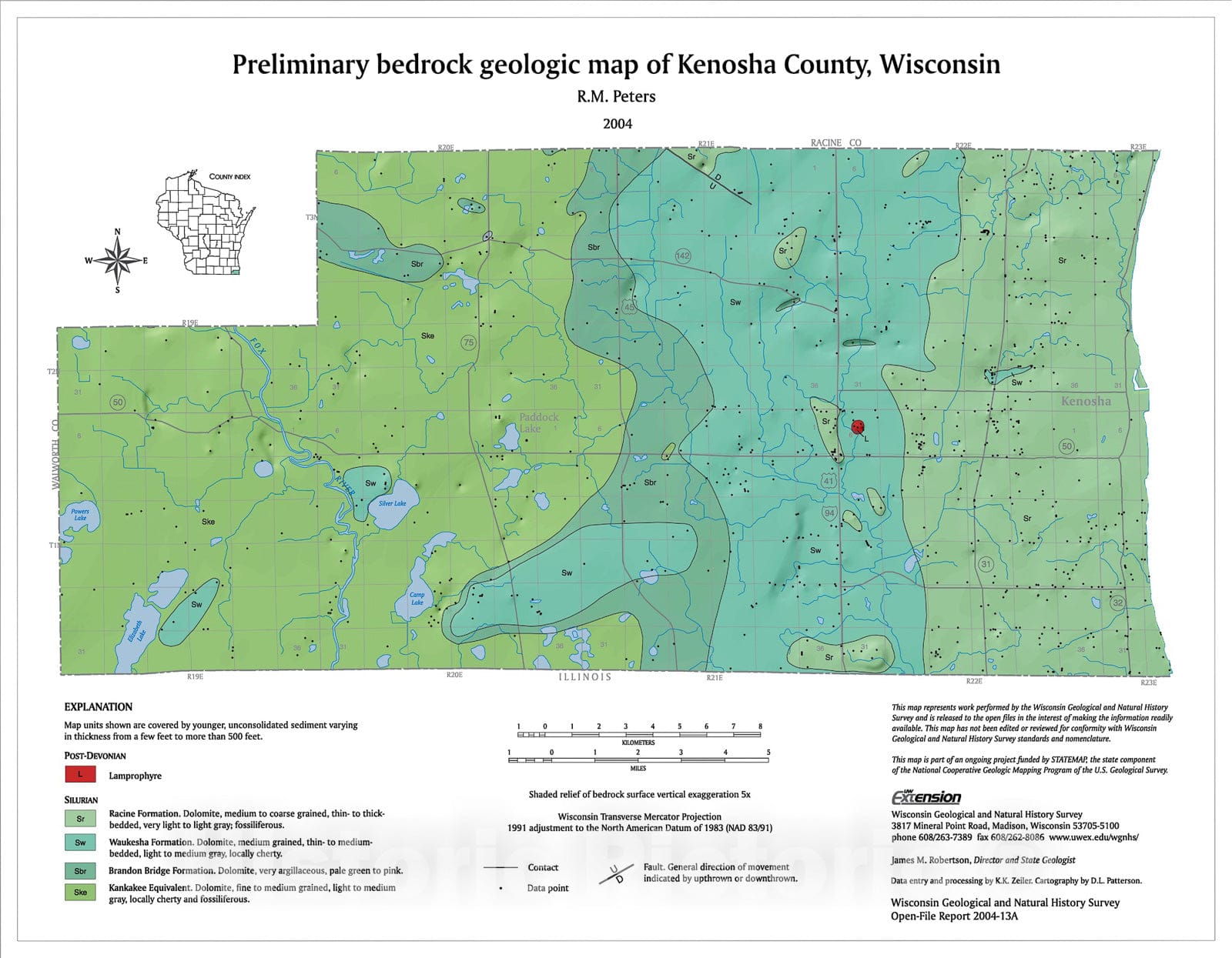 Map : Preliminary bedrock geologic map of  Kenosha County, Wisconsin, 2004 Cartography Wall Art :