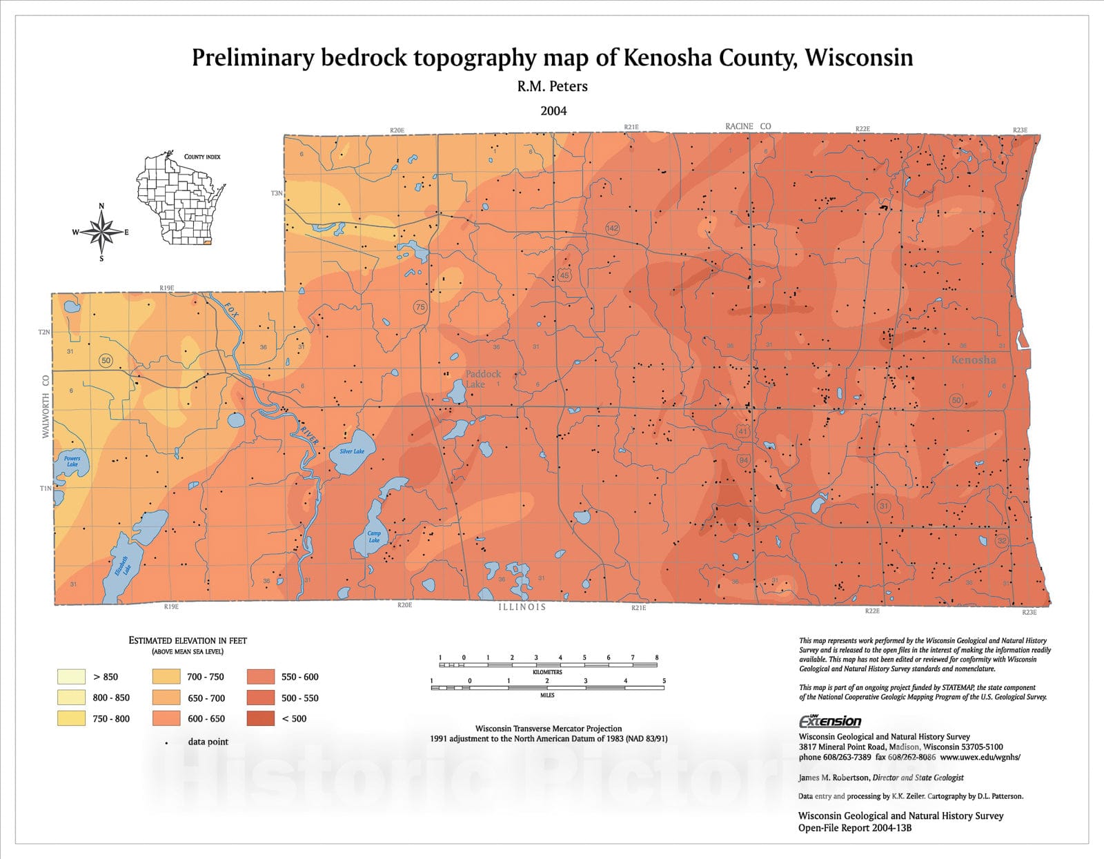 Map : Preliminary bedrock topography map of Kenosha County, Wisconsin, 2004 Cartography Wall Art :