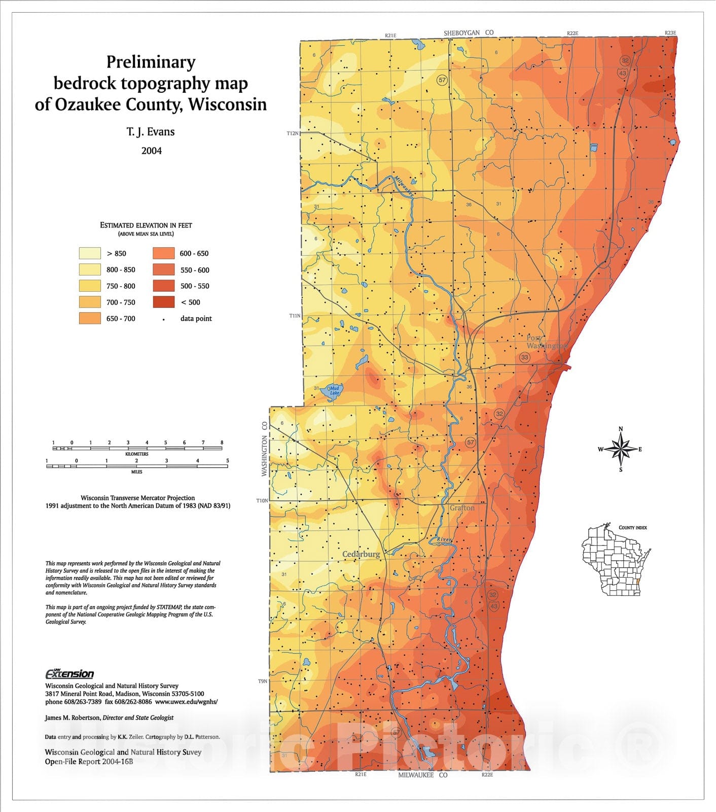 Map : Preliminary bedrock topography map of Ozaukee County, Wisconsin, 2004 Cartography Wall Art :