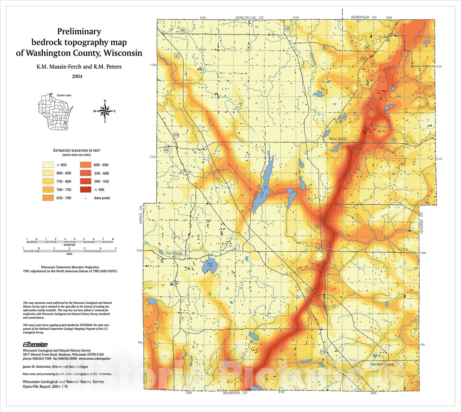 Map : Preliminary bedrock topography map of Washington County, Wisconsin, 2004 Cartography Wall Art :