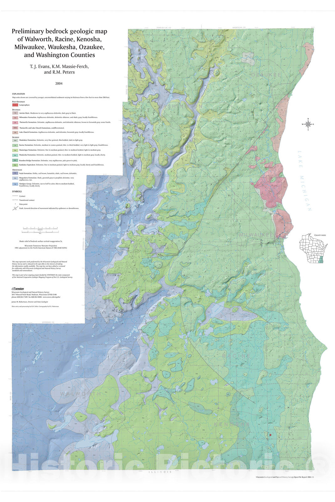 Map : Preliminary bedrock geologic map of  Walworth, Racine, Kenosha, Milwaukee, Waukesha, Ozaukee and Washington Counties, Wisconsin, 2004 Cartography Wall Art :