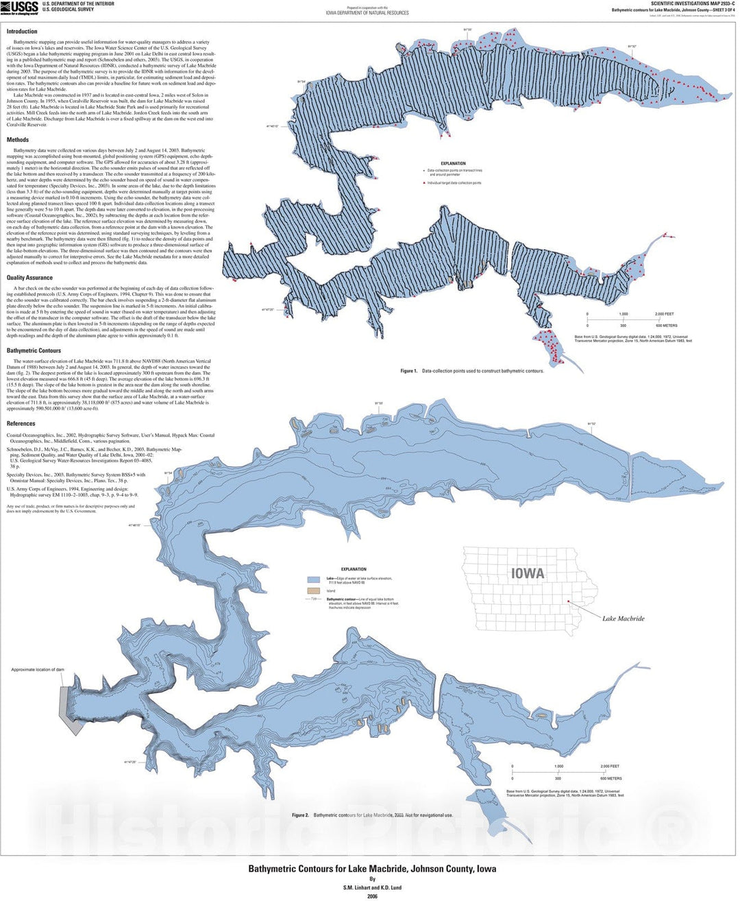 Map : Bathymetric contour maps for lakes surveyed in Iowa in 2003 [Lake Macbride, Johnson County], 2006 Cartography Wall Art :