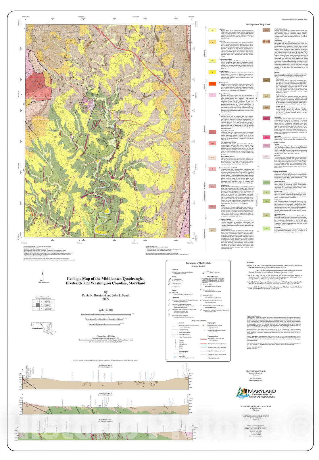 Map : Geologic map of the Middletown quadrangle, Frederick and Washington Counties, Maryland, 2005 Cartography Wall Art :