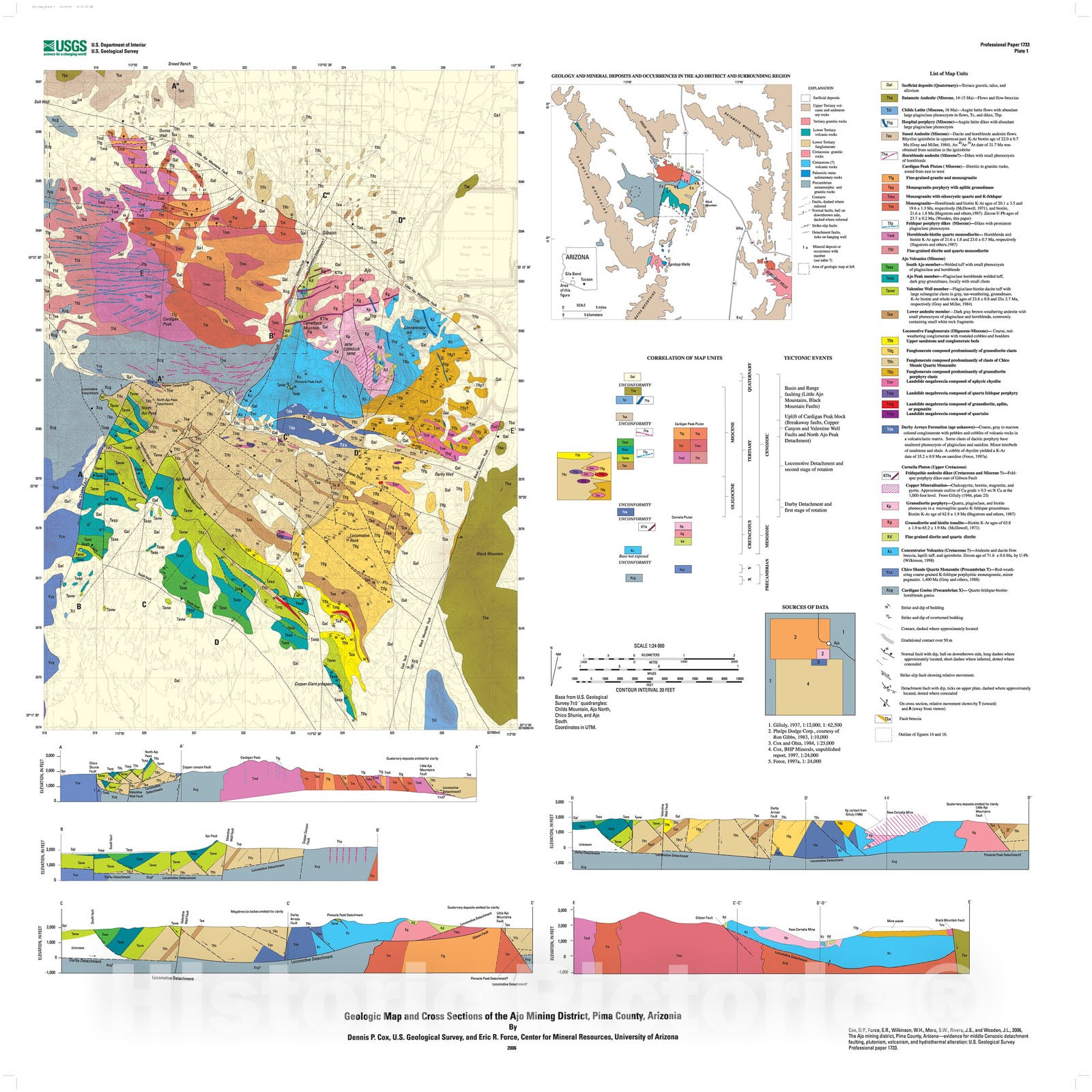 Map : The Ajo mining district, Pima County, Arizona -- evidence for Middle Cenozoic detachment faulting, plutonism, volcanism, and hydrothermal alteration, 2006 Cartography Wall Art :