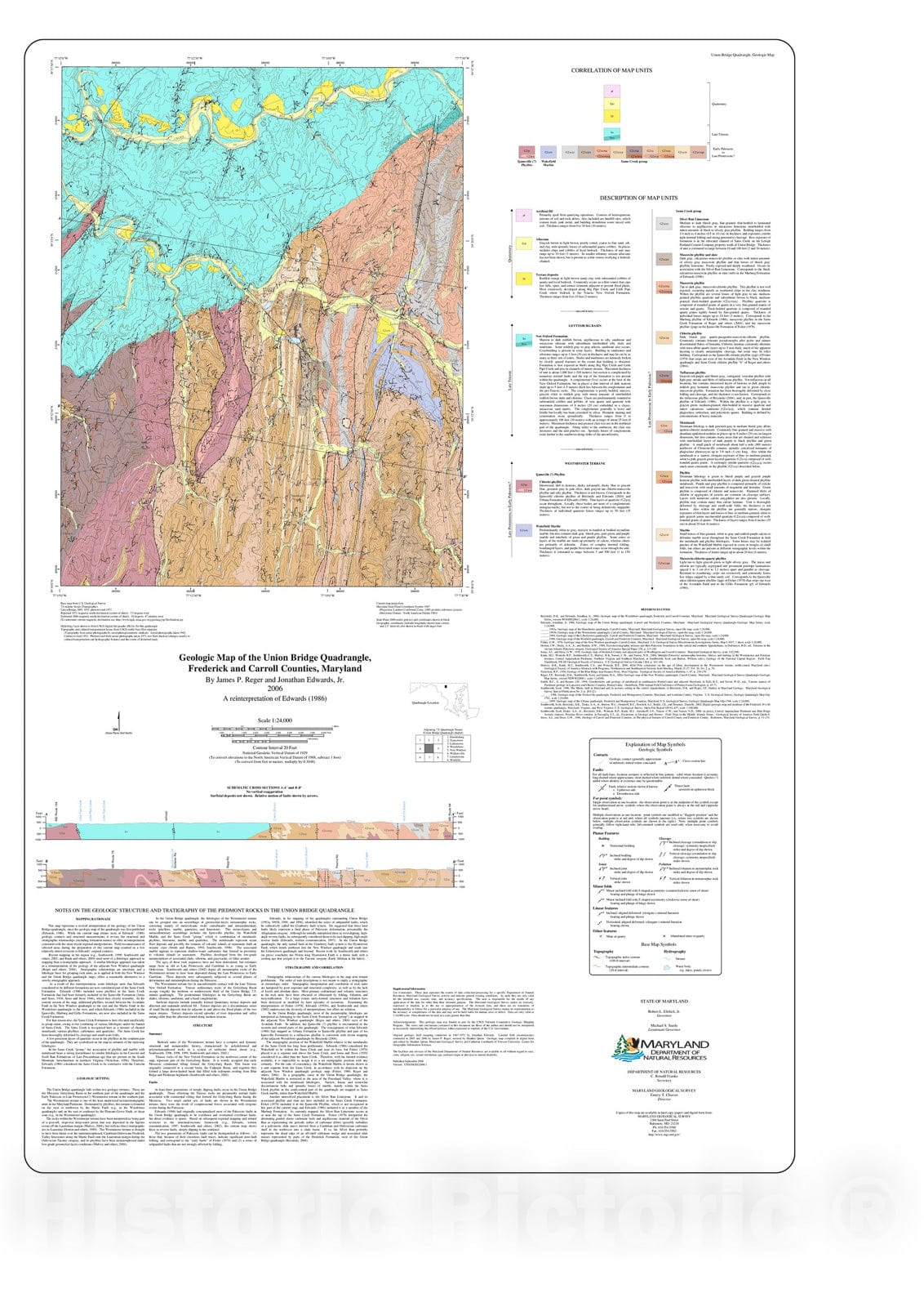 Map : Geologic map of the Union Bridge quadrangle, Frederick and Carroll Counties, Maryland, 2006 Cartography Wall Art :