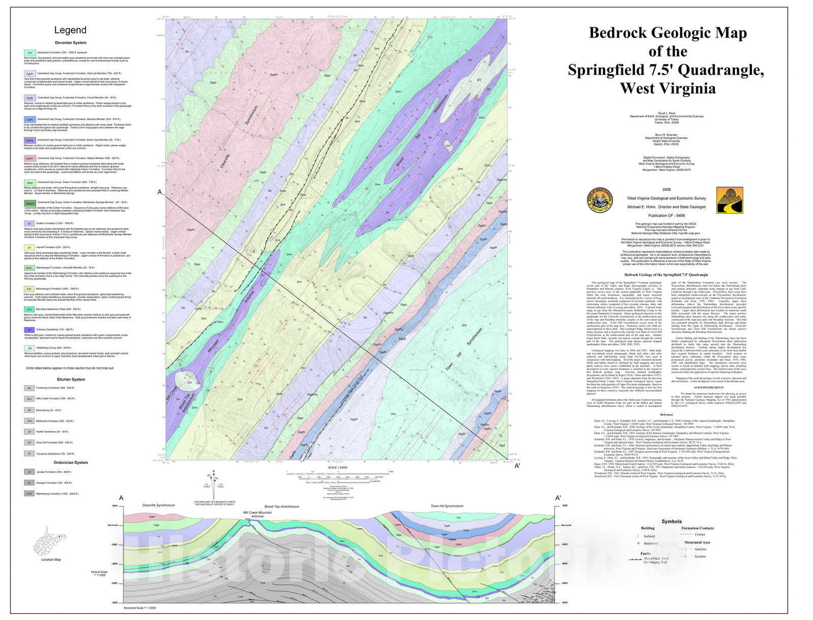 Map : Bedrock Geologic Map of the Springfield 7.5' Quadrangle, West Virginia, 2006 Cartography Wall Art :