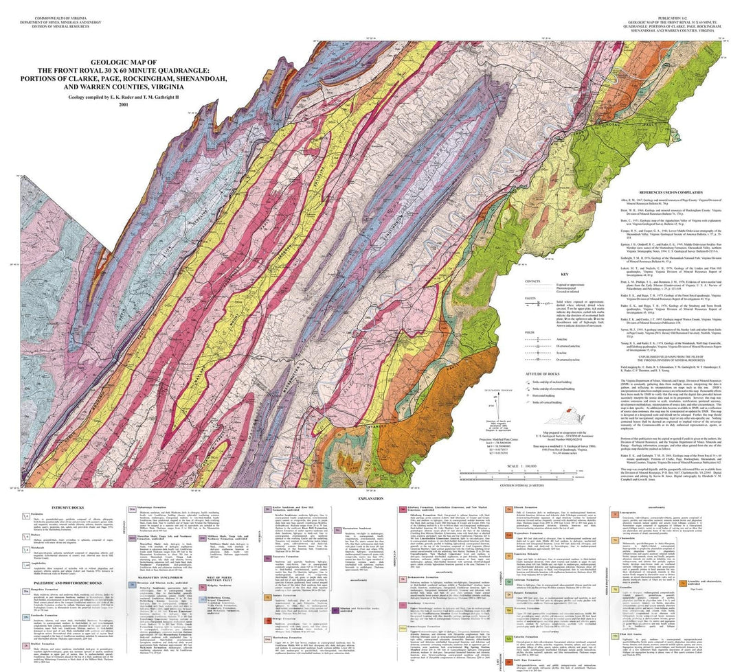 Map : Geologic map of the Front Royal thirty X sixty minute quadrangle:  portions of Clarke, Page, Rockingham, Shenandoah, and Warren counties, Virginia, 2001 Cartography Wall Art :