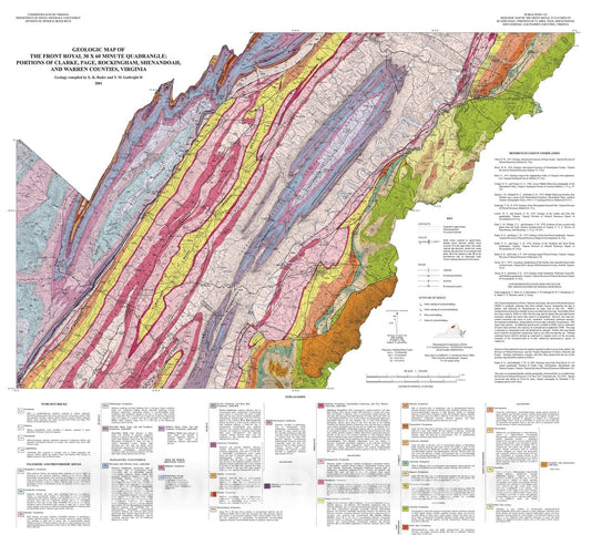 Map : Geologic map of the Front Royal thirty X sixty minute quadrangle:  portions of Clarke, Page, Rockingham, Shenandoah, and Warren counties, Virginia, 2001 Cartography Wall Art :