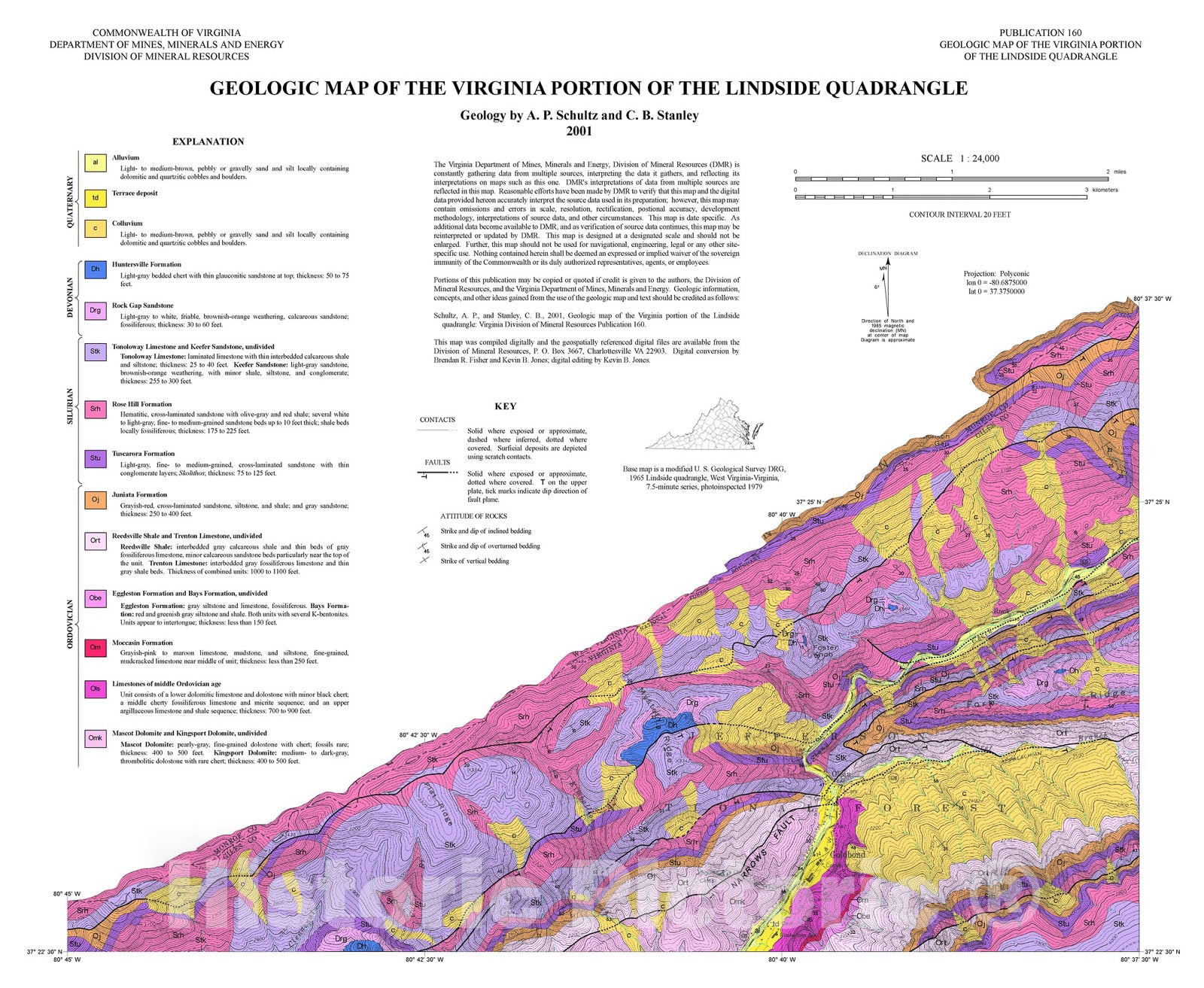 Map : Geologic map of the Virginia portion of the Lindside quadrangle, 2001 Cartography Wall Art :
