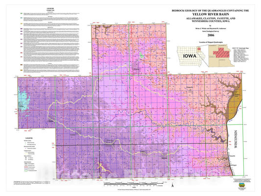 Map : Bedrock geology of the quadrangles containing the Yellow River Basin, Allamakee, Clayton, Fayette, and Winneshiek counties, Iowa, 2006 Cartography Wall Art :