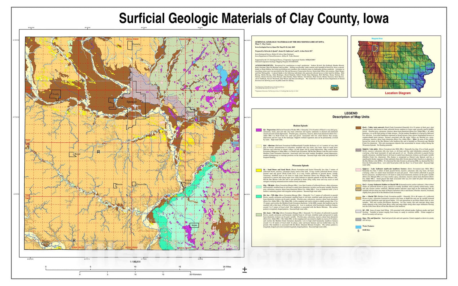 Map : Surficial geologic materials of the Des Moines Lobe of Iowa, Phase 7: Clay County, Iowa, 2005 Cartography Wall Art :