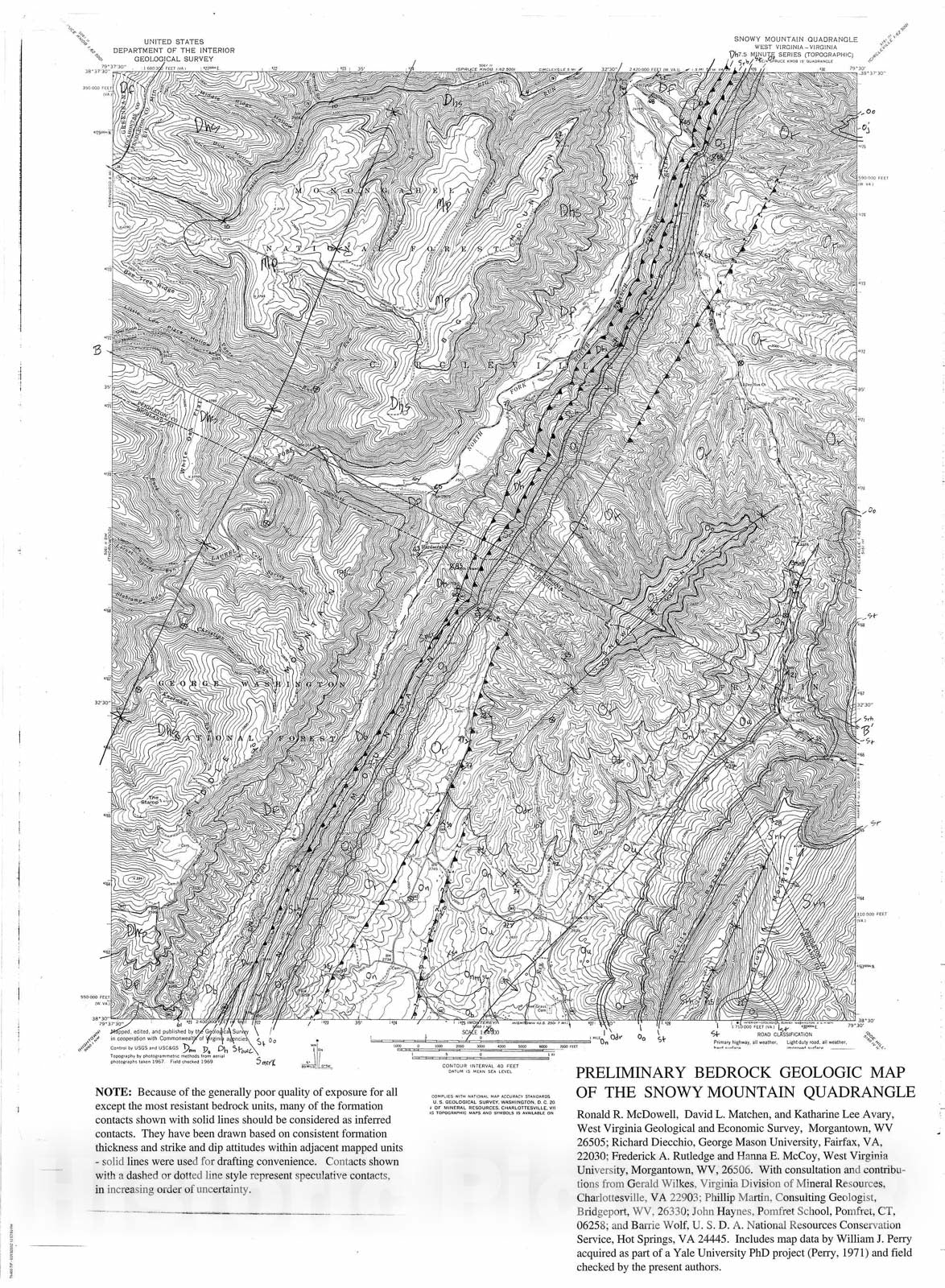 Map : Preliminary Bedrock Geologic Map of the Snowy Mountain Quadrangle, 2001 Cartography Wall Art :