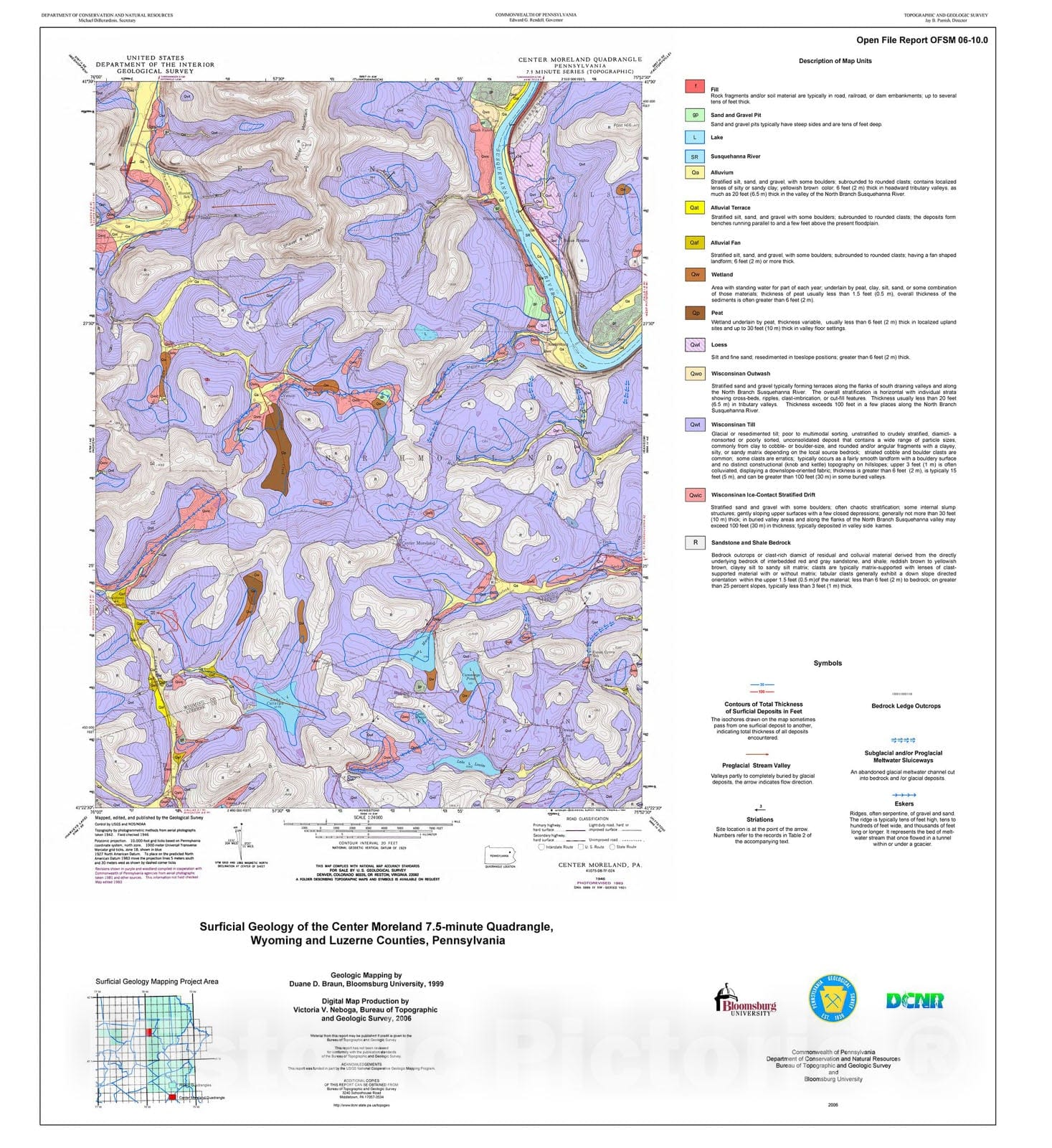 Map : Surficial geology of the Center Moreland 7.5-minute quadrangle, Wyoming and Luzerne Counties, Pennsylvania, 2006 Cartography Wall Art :