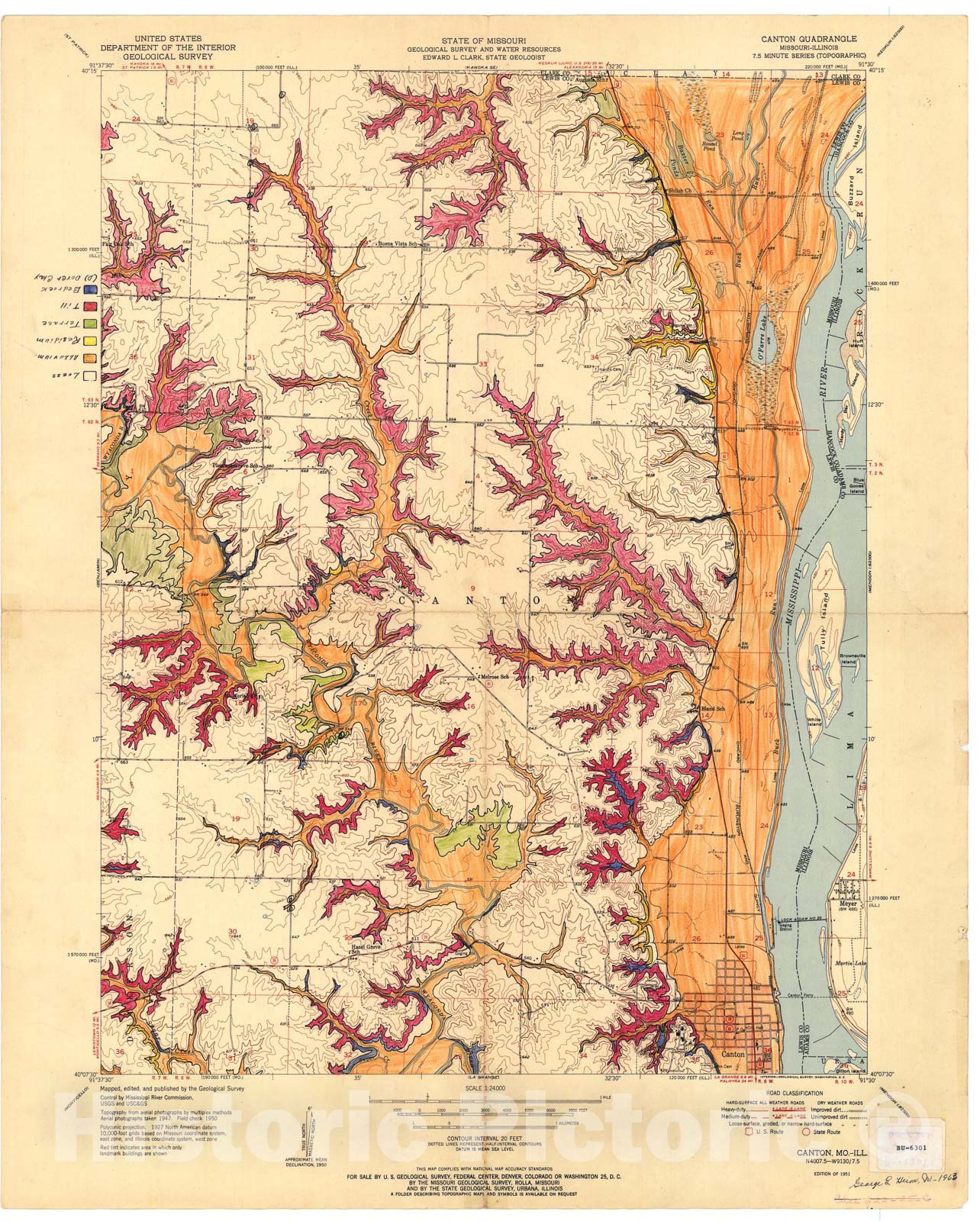 Map : Surficial material geologic map of the Canton seven 1/2' quadrangle, Missouri, 1963 Cartography Wall Art :
