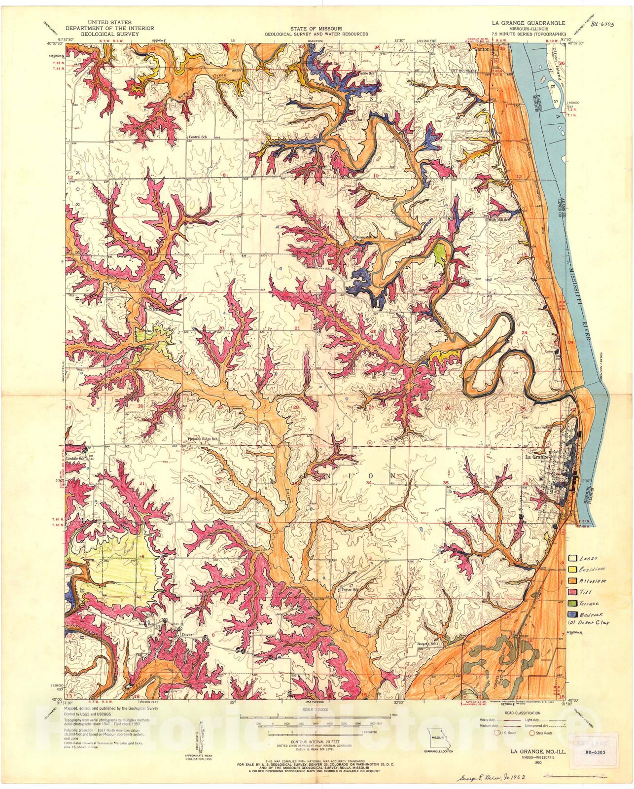 Map : Surficial material geologic map of the La Grange seven 1/2' quadrangle, Missouri, 1963 Cartography Wall Art :