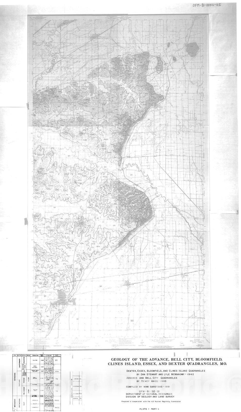 Map : Geology of the Advance, Bell City, Bloomfield, Clines Island, Essex and Dexter seven 1/2' quadrangles, Missouri, 1981 Cartography Wall Art :