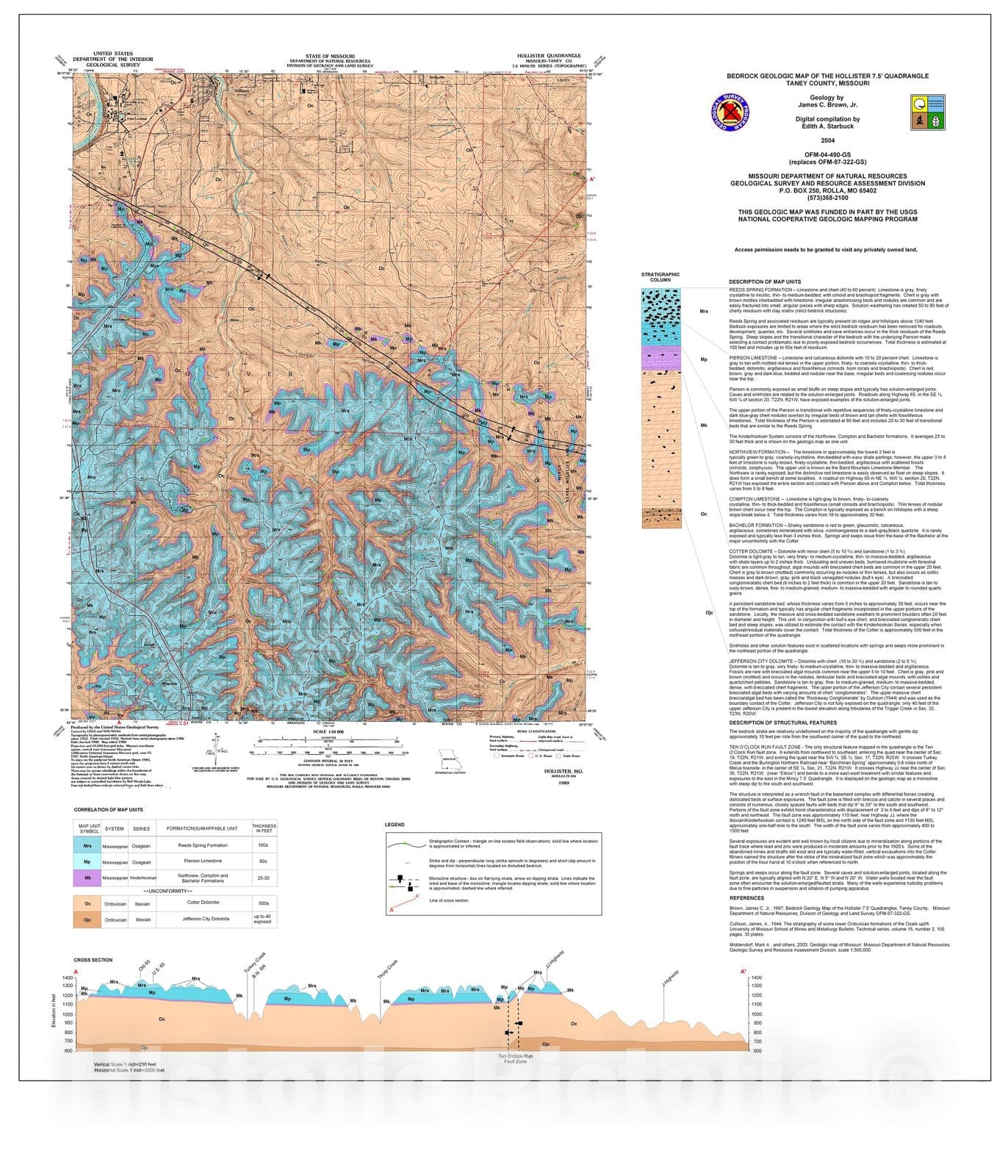 Map : Bedrock geologic map of the Hollister seven 1/2' quadrangle, Missouri, 2004 Cartography Wall Art :