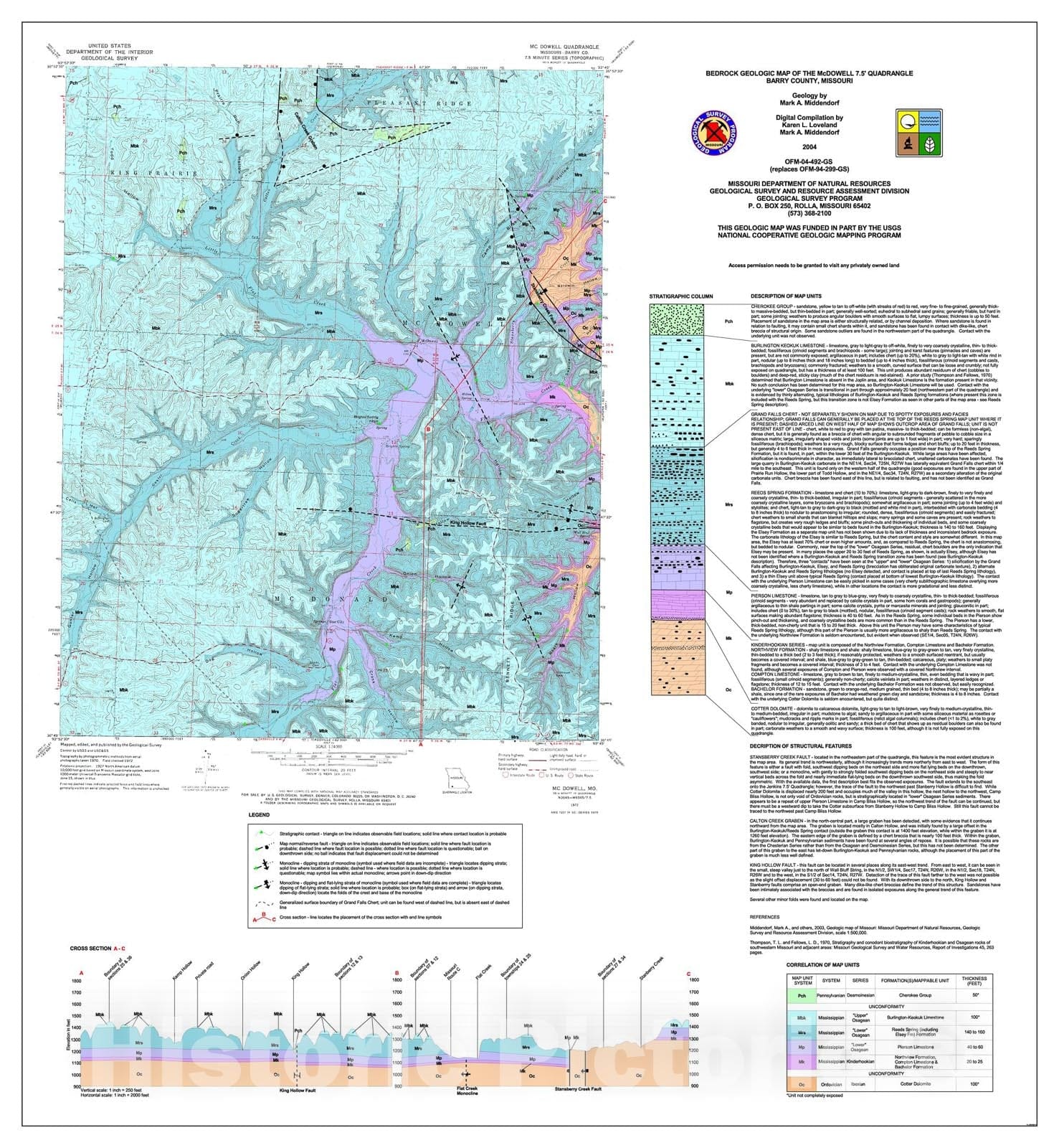 Map : Bedrock geologic map of the McDowell seven 1/2' quadrangle, Barry County, Missouri, 2004 Cartography Wall Art :