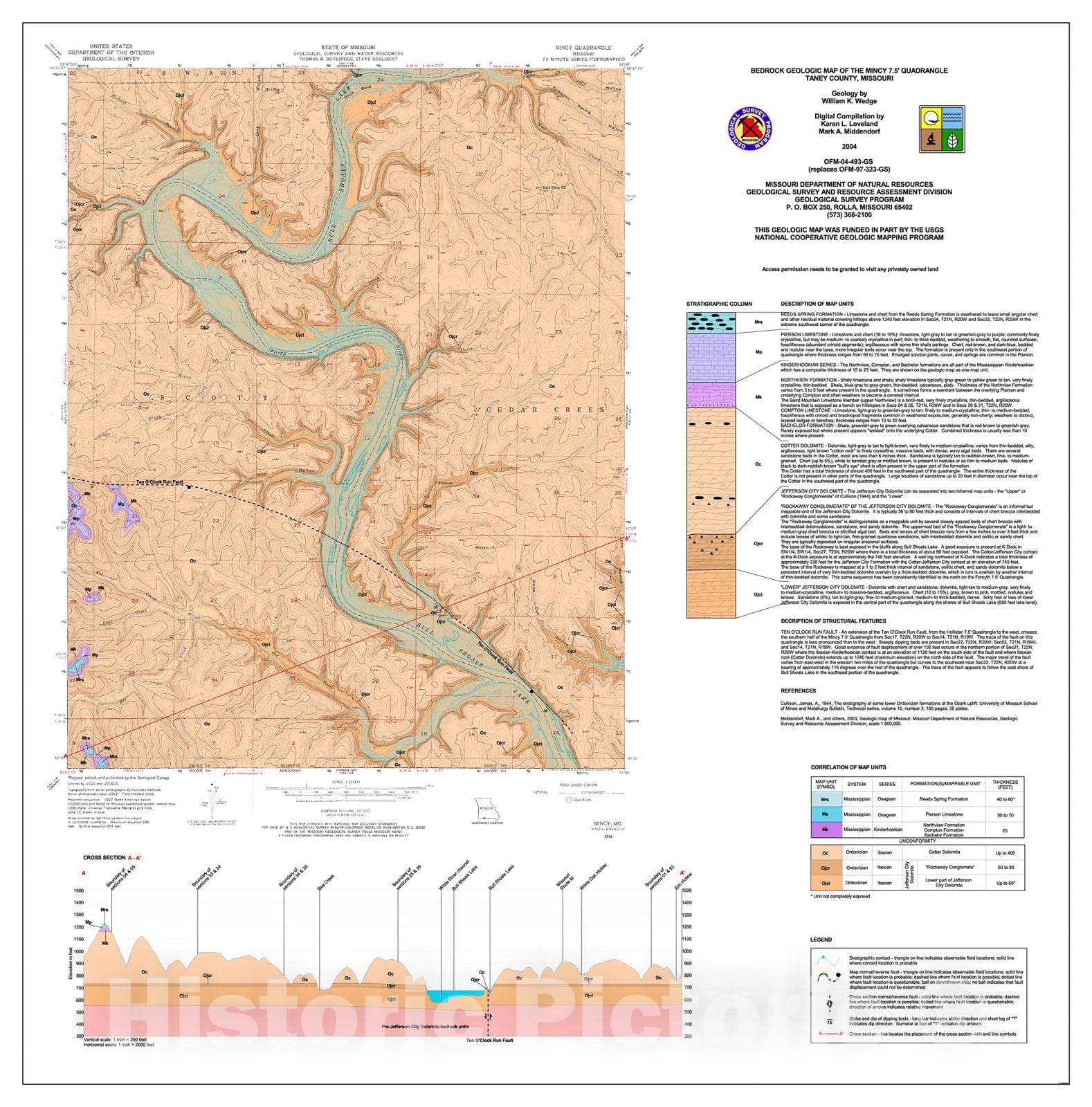 Map : Bedrock geologic map of the Mincy seven 1/2' quadrangle, Missouri, 2004 Cartography Wall Art :