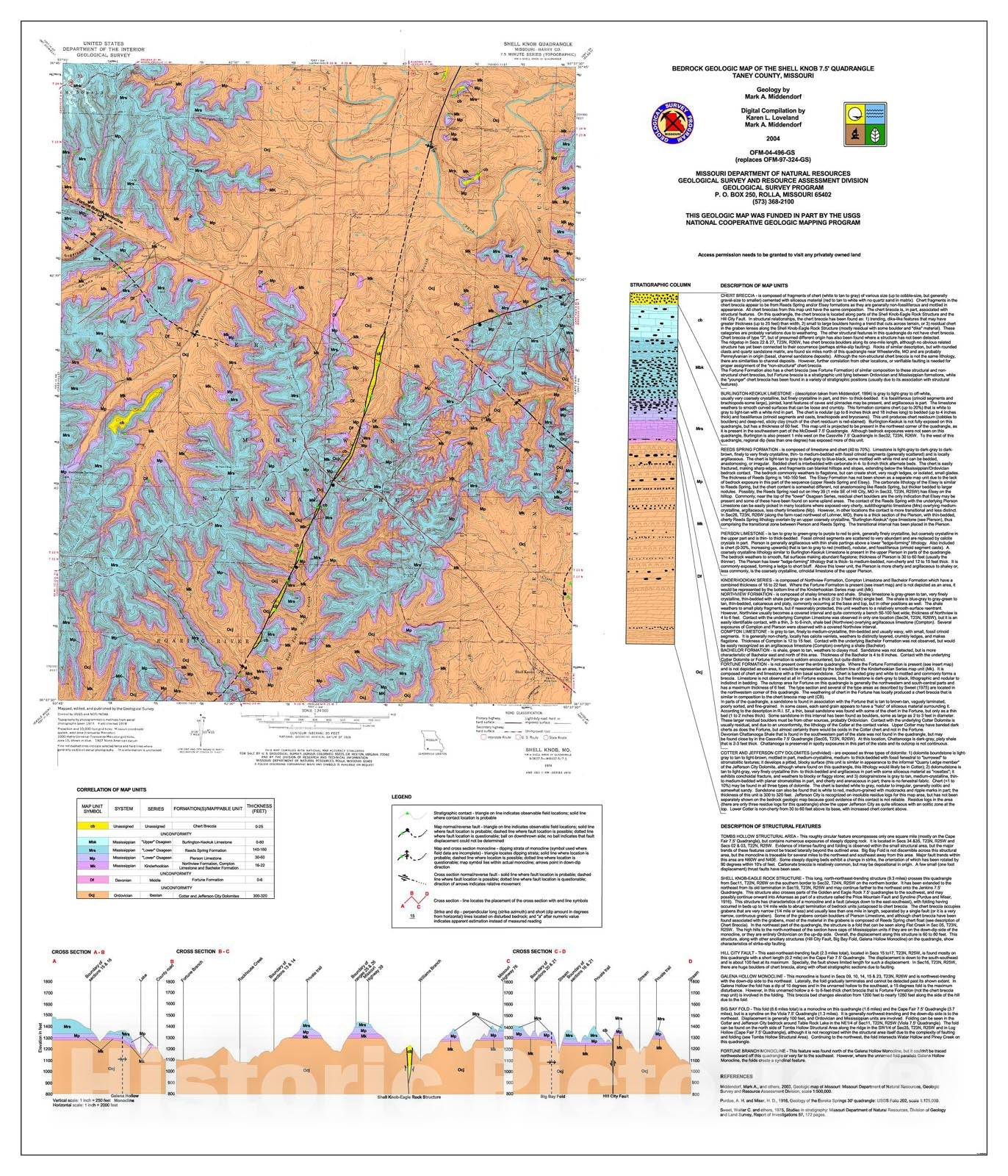 Map : Bedrock geologic map of the Shell Knob seven 1/2' quadrangle, Missouri, 2004 Cartography Wall Art :