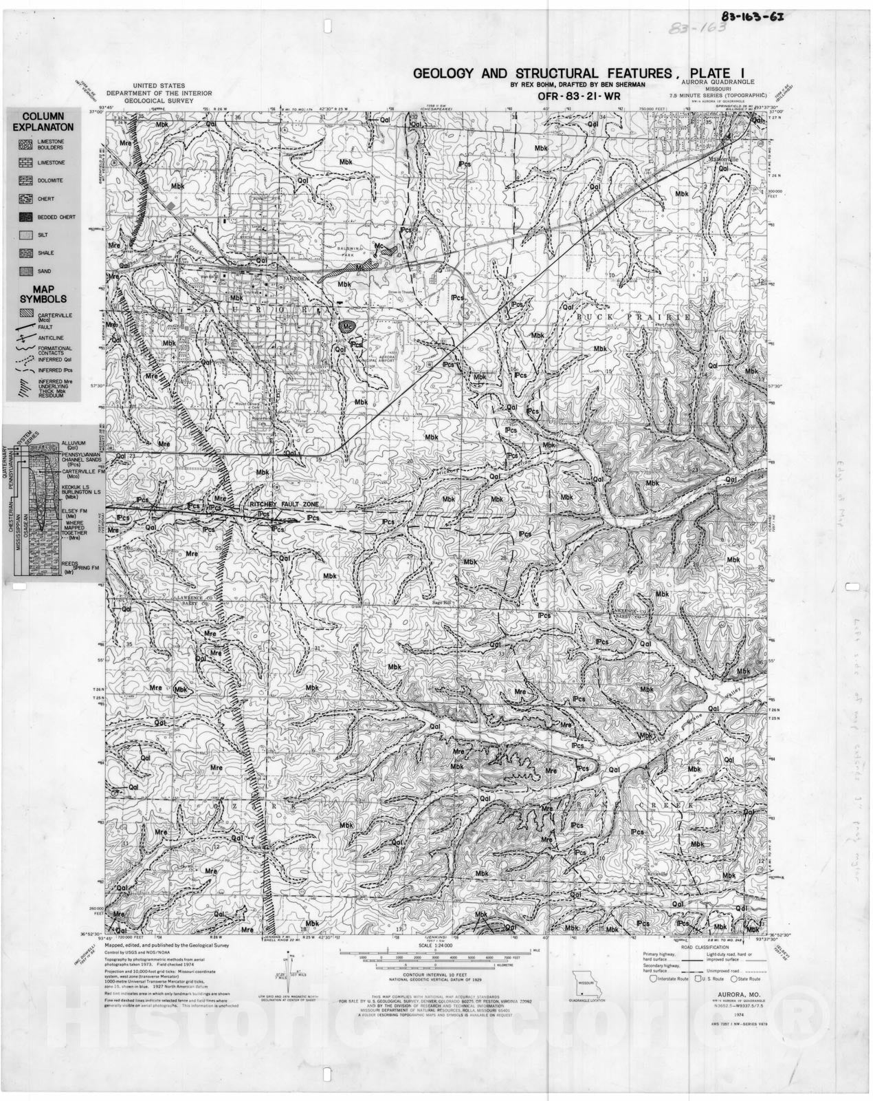 Map : Geologic and structural features map of the Aurora seven 1/2' quadrangle, Missouri, 1983 Cartography Wall Art :
