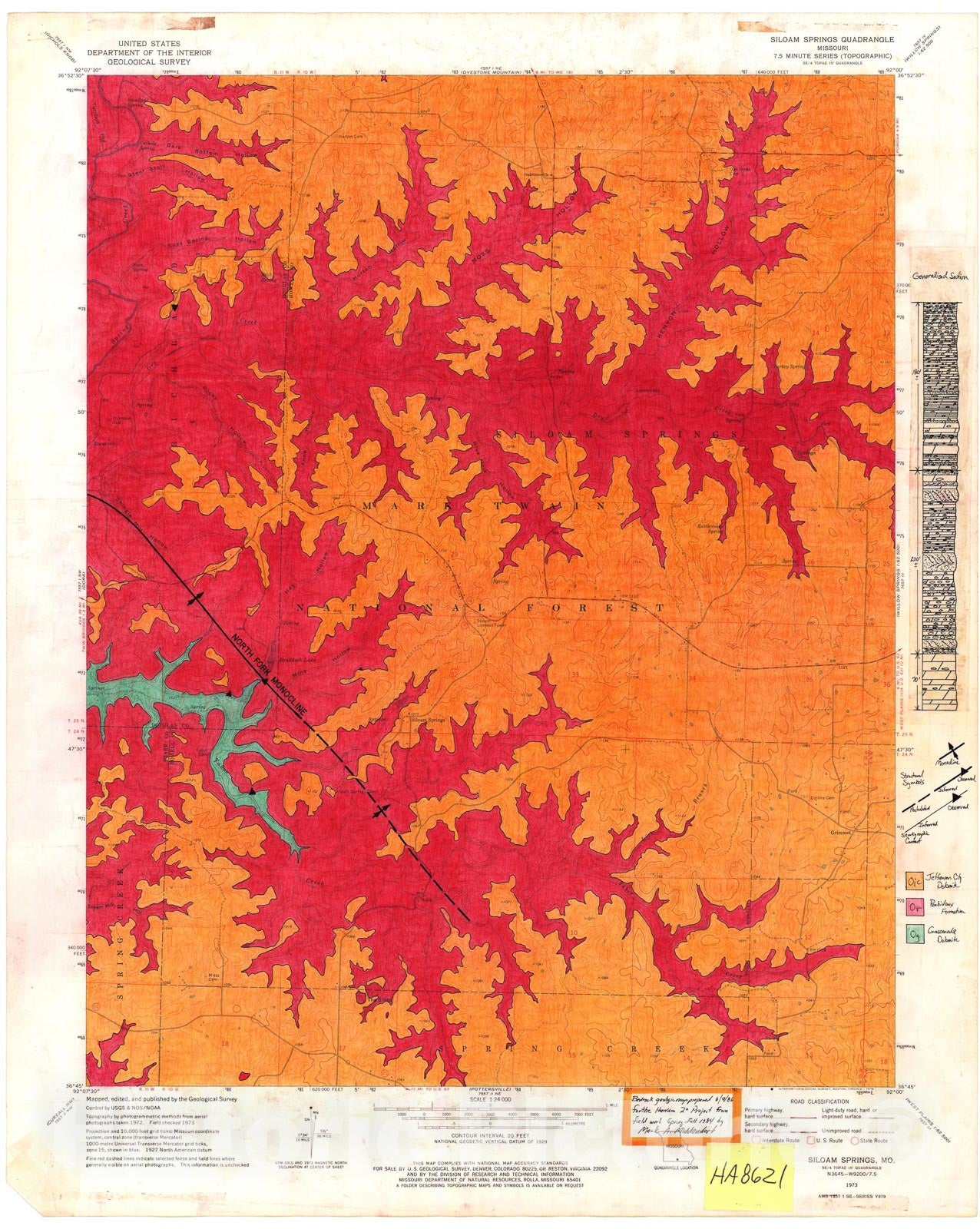 Map : Bedrock geologic map of the Siloam Springs seven 1/2' quadrangle, Missouri, 1986 Cartography Wall Art :