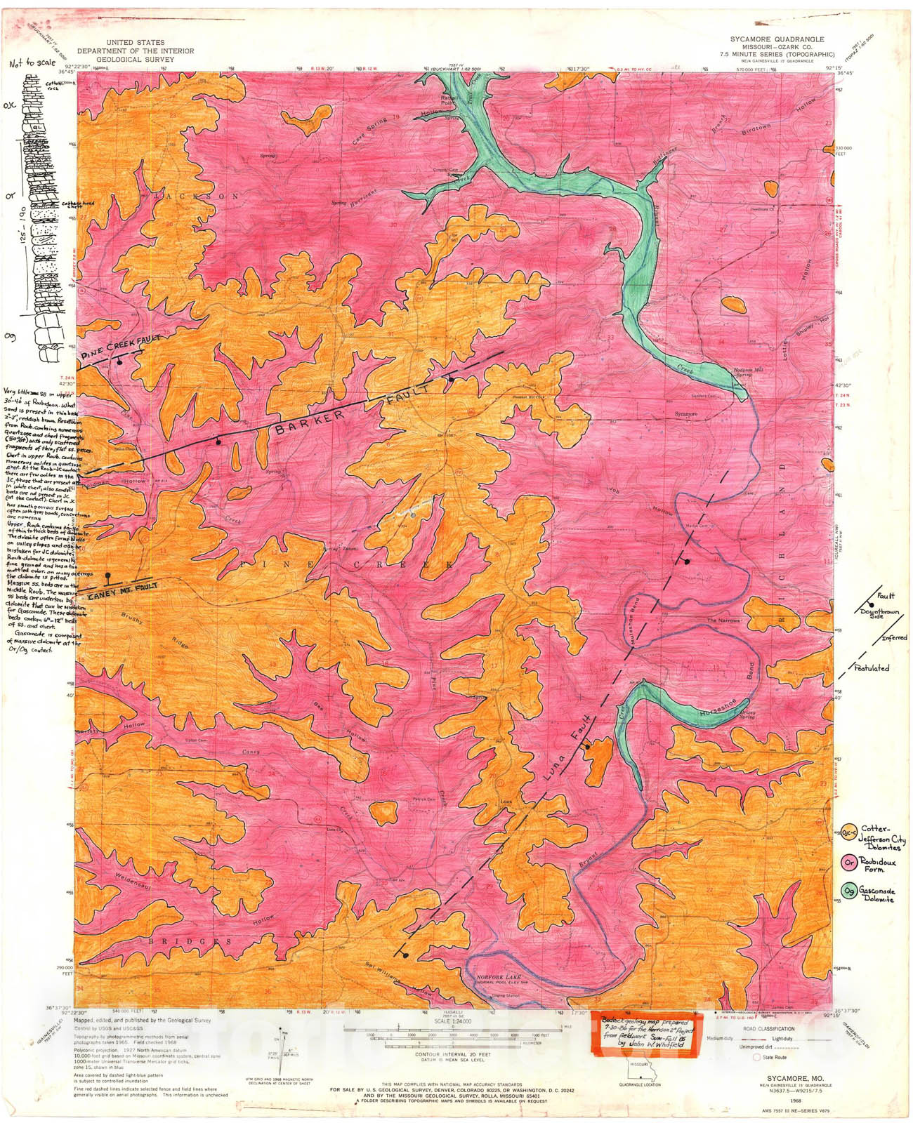 Map : Bedrock geologic map of the Sycamore seven 1/2' quadrangle, Missouri, 1986 Cartography Wall Art :