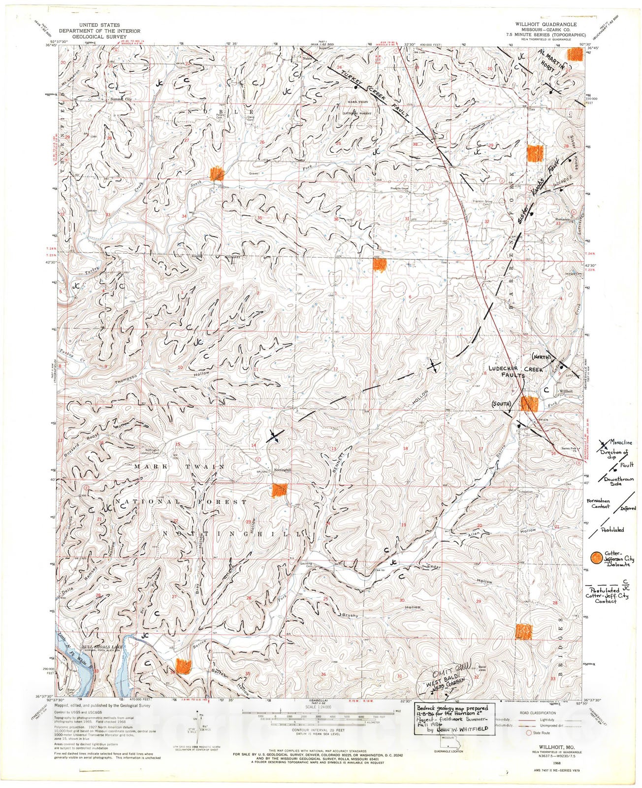 Map : Bedrock geologic map of the Willhoit seven 1/2' quadrangle, Missouri, 1986 Cartography Wall Art :