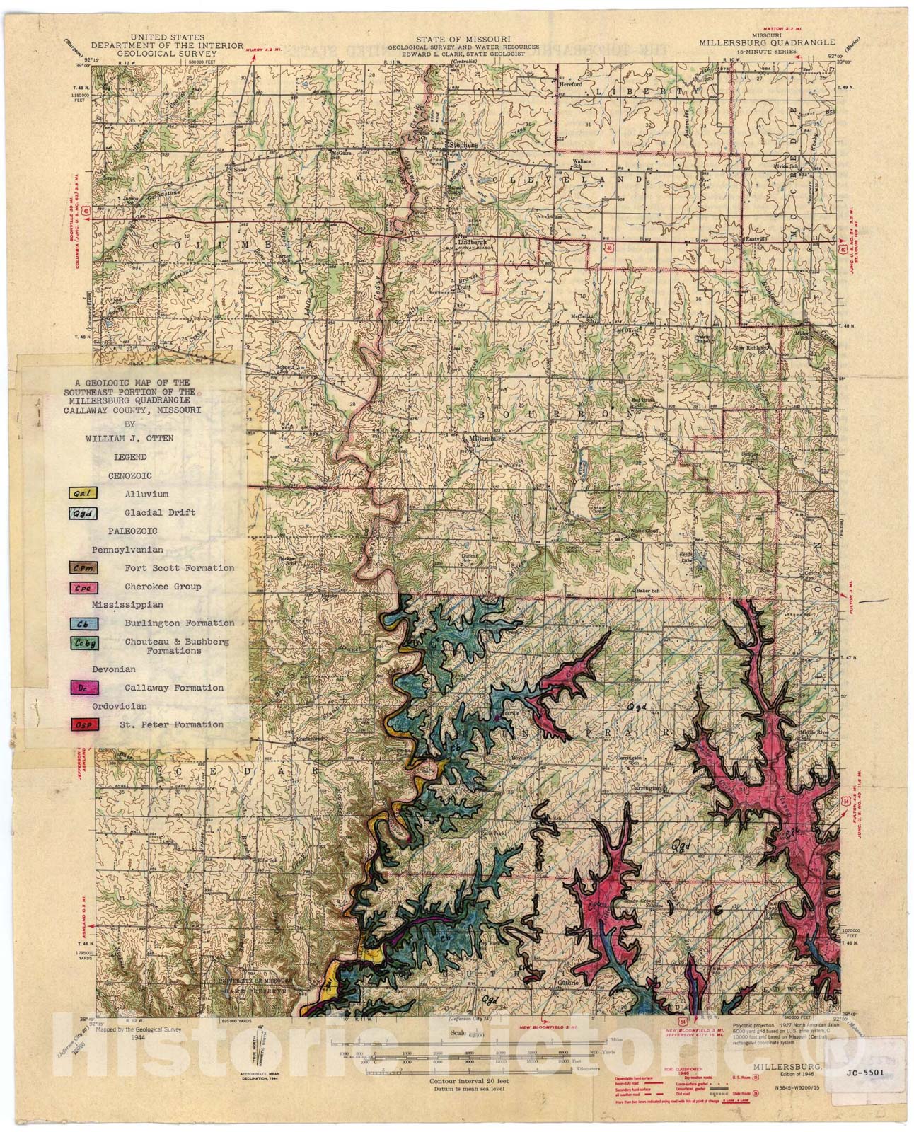 Map : Geologic map of the southeast portion of the Millersburg 15' quadrangle, Missouri, 1955 Cartography Wall Art :