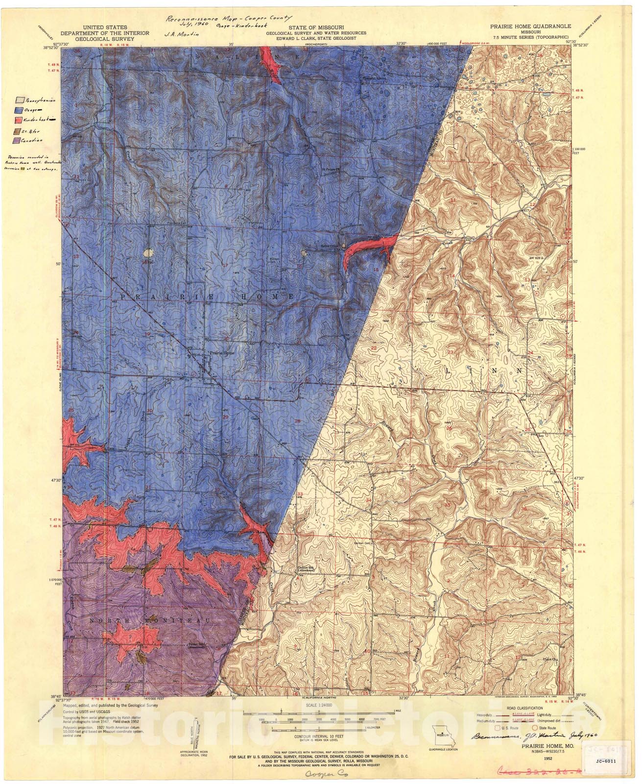 Map : Reconnaissance bedrock geologic map of the Cooper County portion of the Prairie Home seven 1/2' quadrangle, Missouri, 1960 Cartography Wall Art :