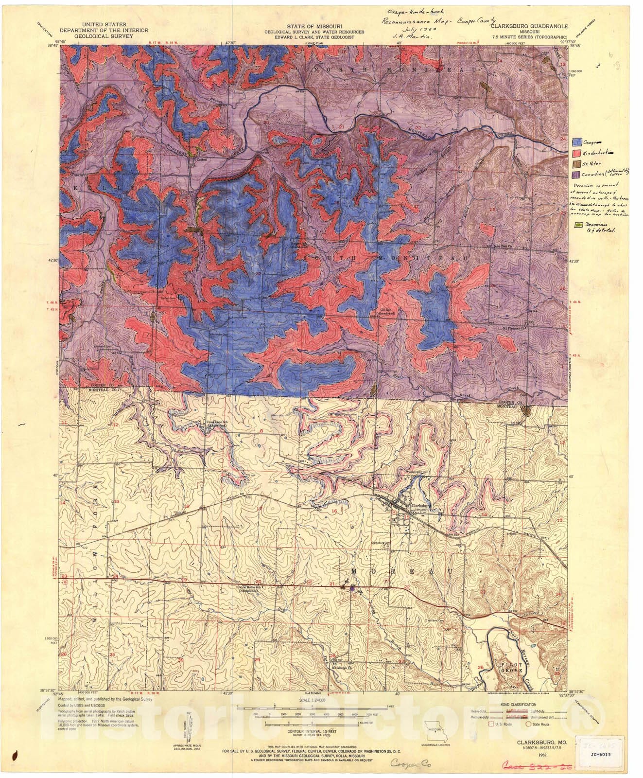 Map : Reconnaissance bedrock geologic map of the Cooper County portion of the Clarksburg seven 1/2' quadrangle, Missouri, 1960 Cartography Wall Art :
