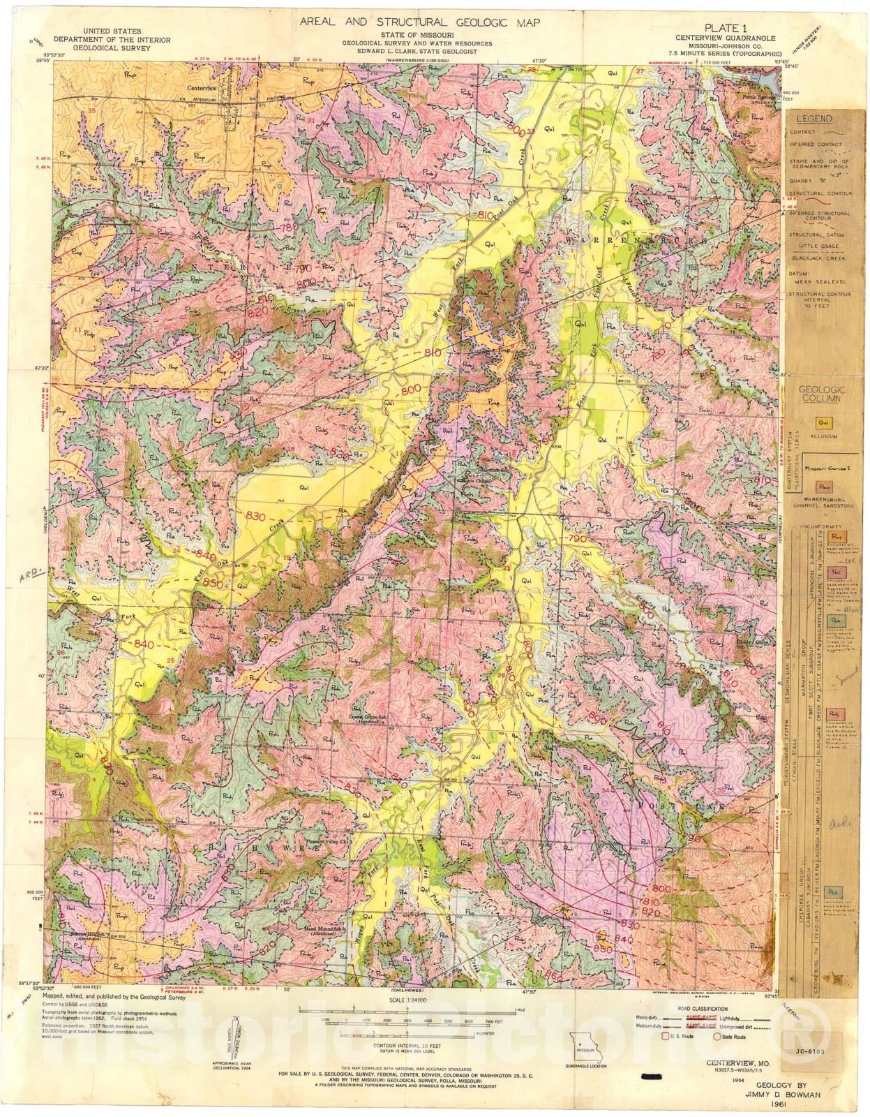 Map : Areal and structural geologic map of the Centerview seven 1/2' quadrangle, Missouri, 1961 Cartography Wall Art :