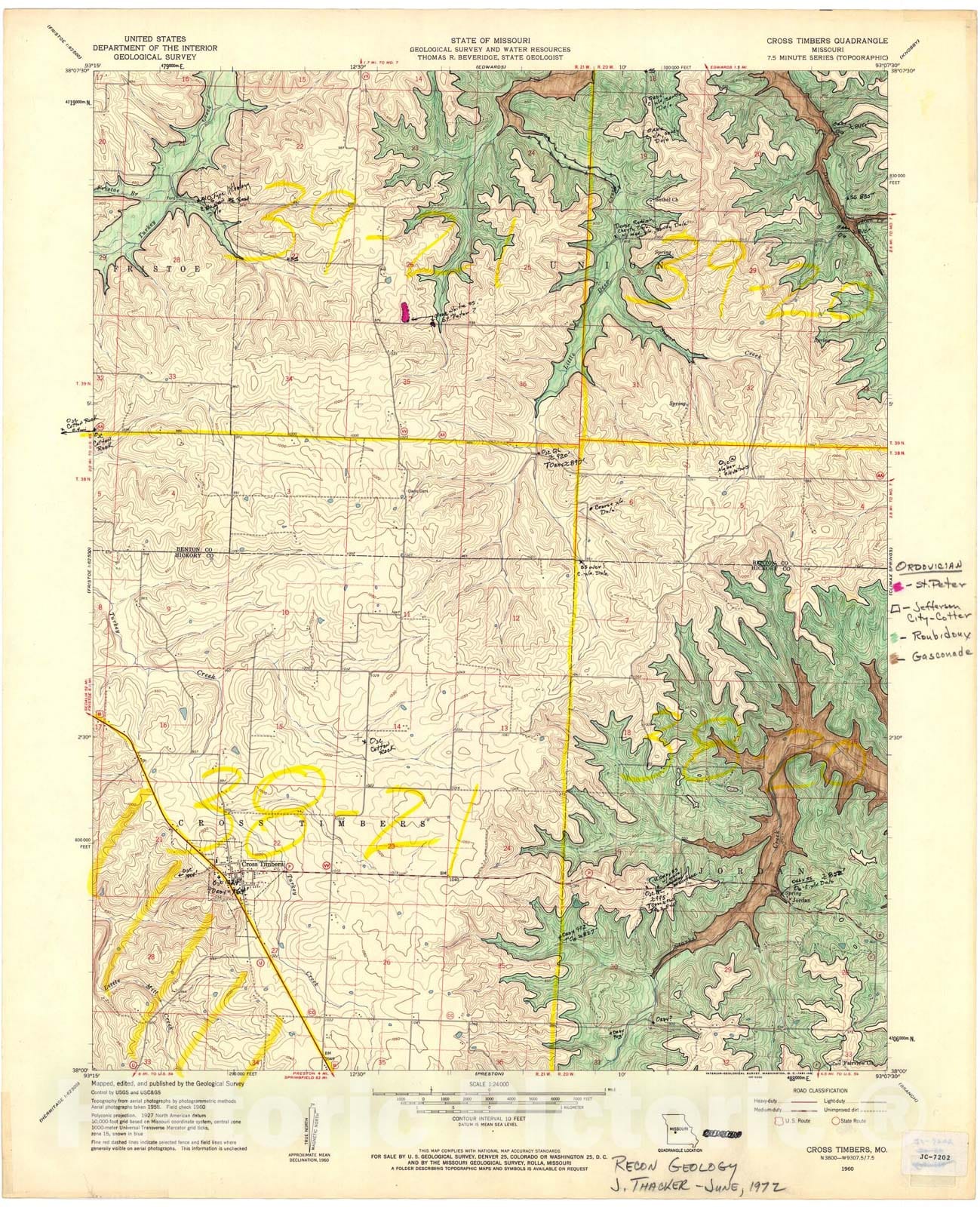 Map : Reconnaissance geologic map of part of the Cross Timbers seven 1/2' quadrangle, Missouri, 19seven2 Cartography Wall Art :