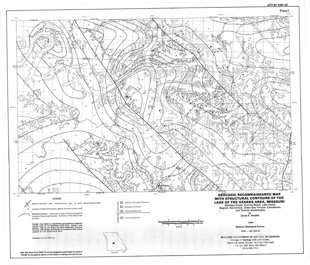 Map : Geologic reconnaissance and structural contour map of the Lake of the Ozarks area, Missouri, 1984 Cartography Wall Art :
