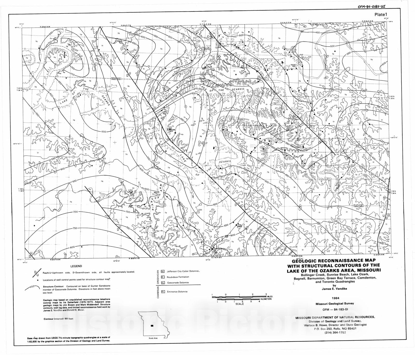 Map : Geologic reconnaissance and structural contour map of the Lake of the Ozarks area, Missouri, 1984 Cartography Wall Art :
