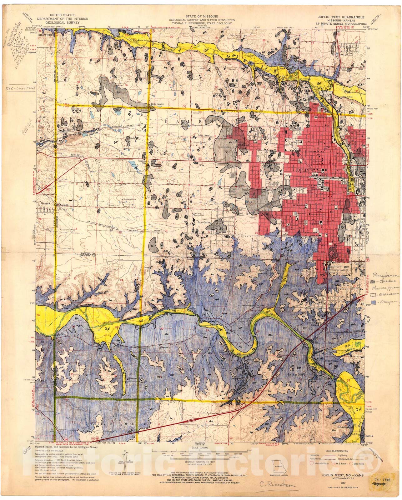 Map : Bedrock geologic map of the Joplin West seven 1/2' quadrangle, Missouri, 1969 Cartography Wall Art :
