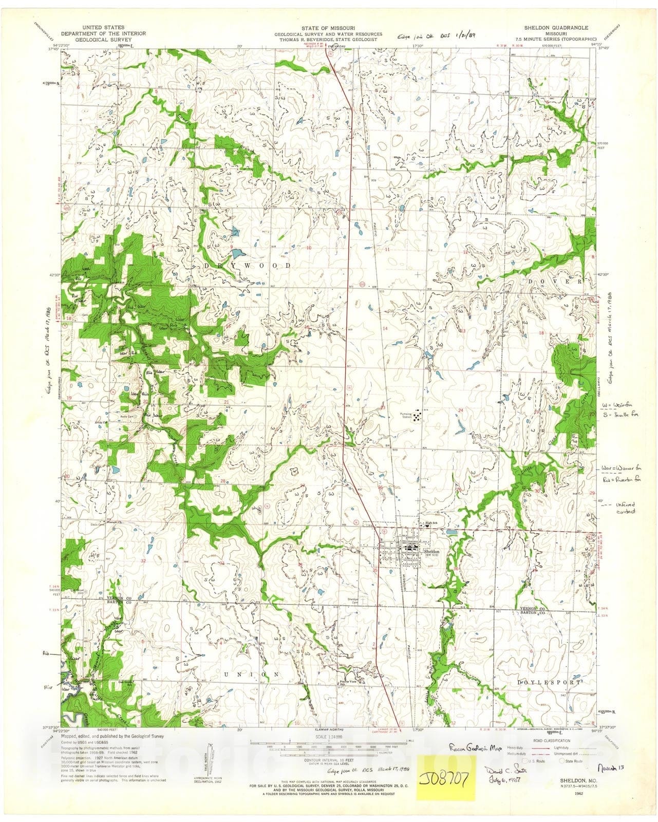 Map : Reconnaissance geologic map of the Sheldon seven 1/2' quadrangle, Missouri, 198seven Cartography Wall Art :