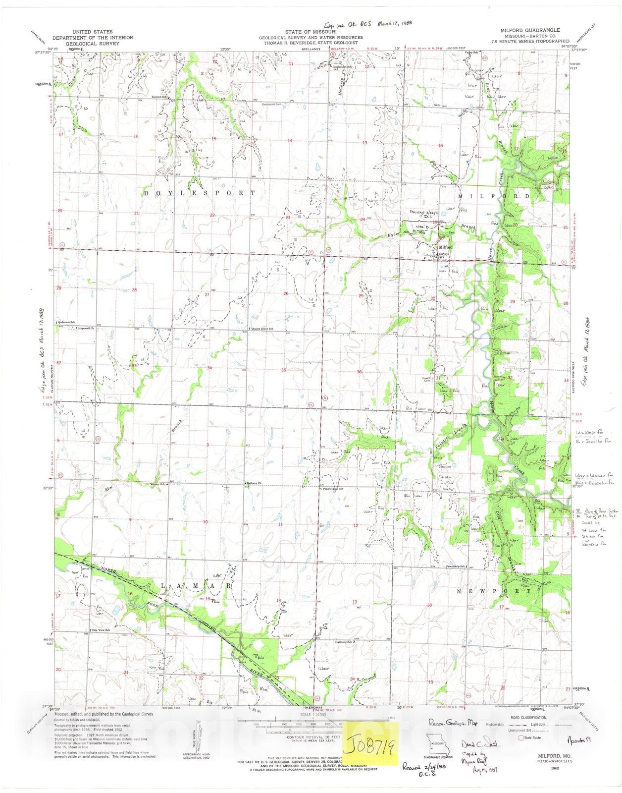 Map : Reconnaissance geologic map of the Milford seven 1/2' quadrangle, Missouri, 198seven Cartography Wall Art :