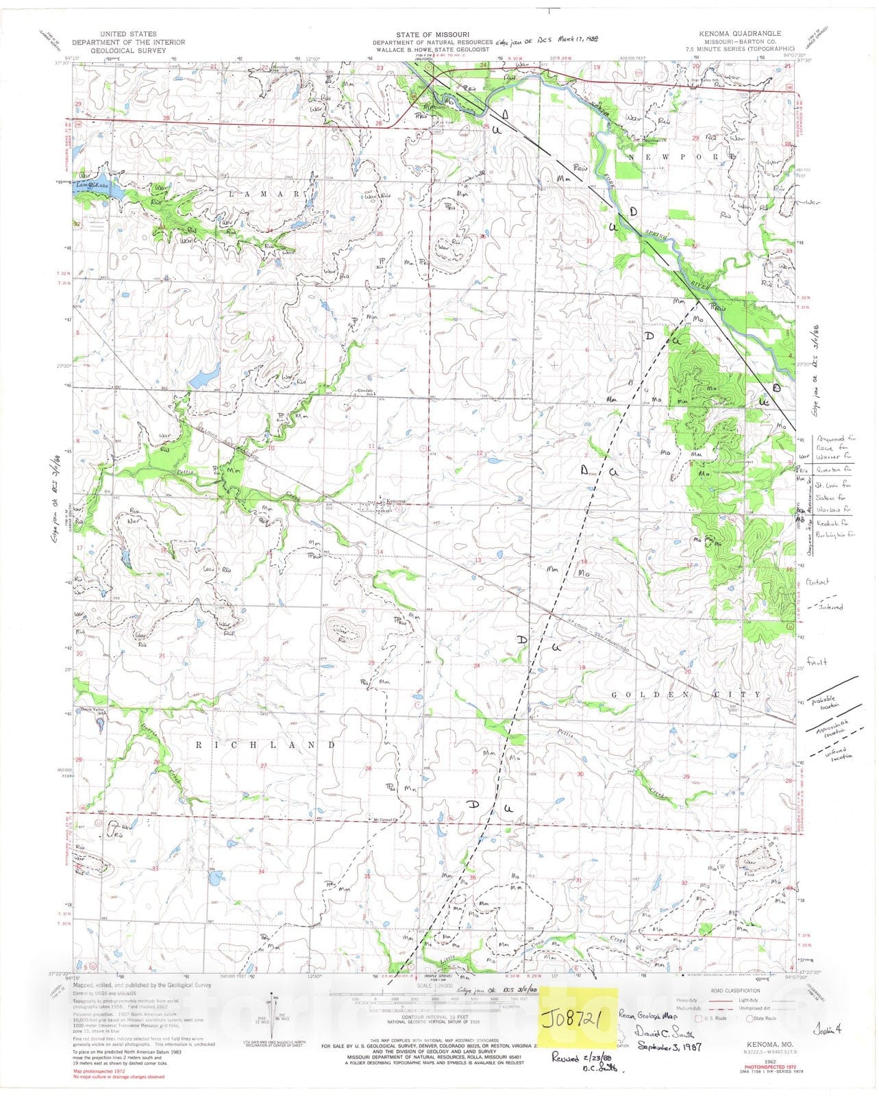 Map : Reconnaissance geologic map of the Kenoma seven 1/2' quadrangle, Missouri, 198seven Cartography Wall Art :