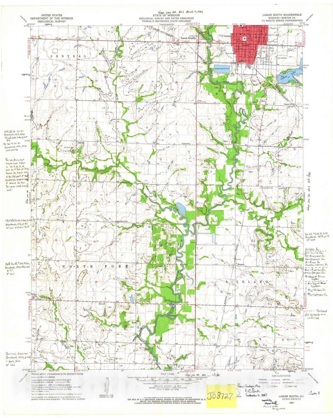 Map : Reconnaissance geologic map of the Lamar South seven 1/2' quadrangle, Missouri, 198seven Cartography Wall Art :