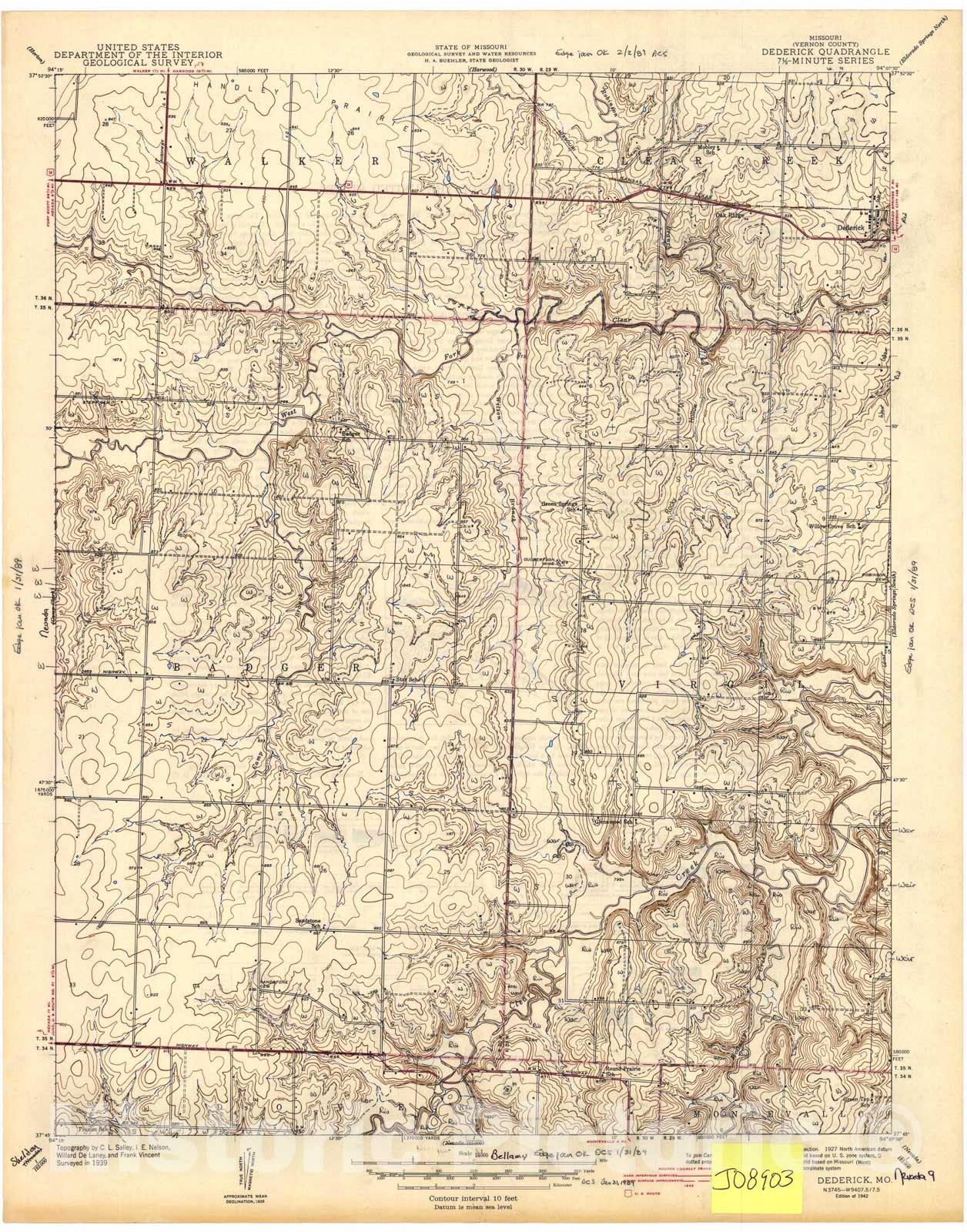 Map : Bedrock geologic map of the Dederick seven 1/2' quadrangle, Missouri, 1989 Cartography Wall Art :