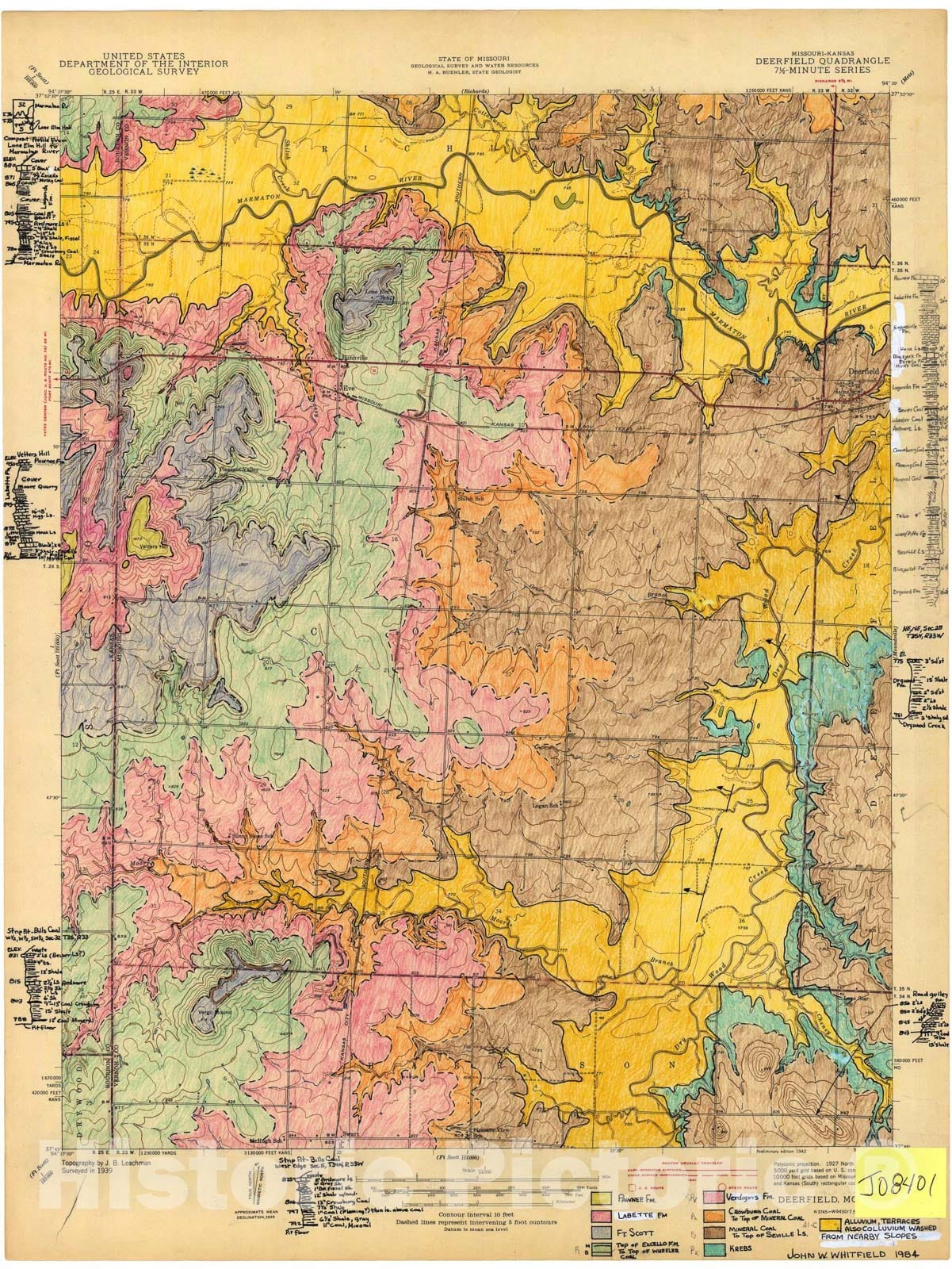 Map : Bedrock geologic map of the Deerfield seven 1/2' quadrangle, Missouri, 1989 Cartography Wall Art :