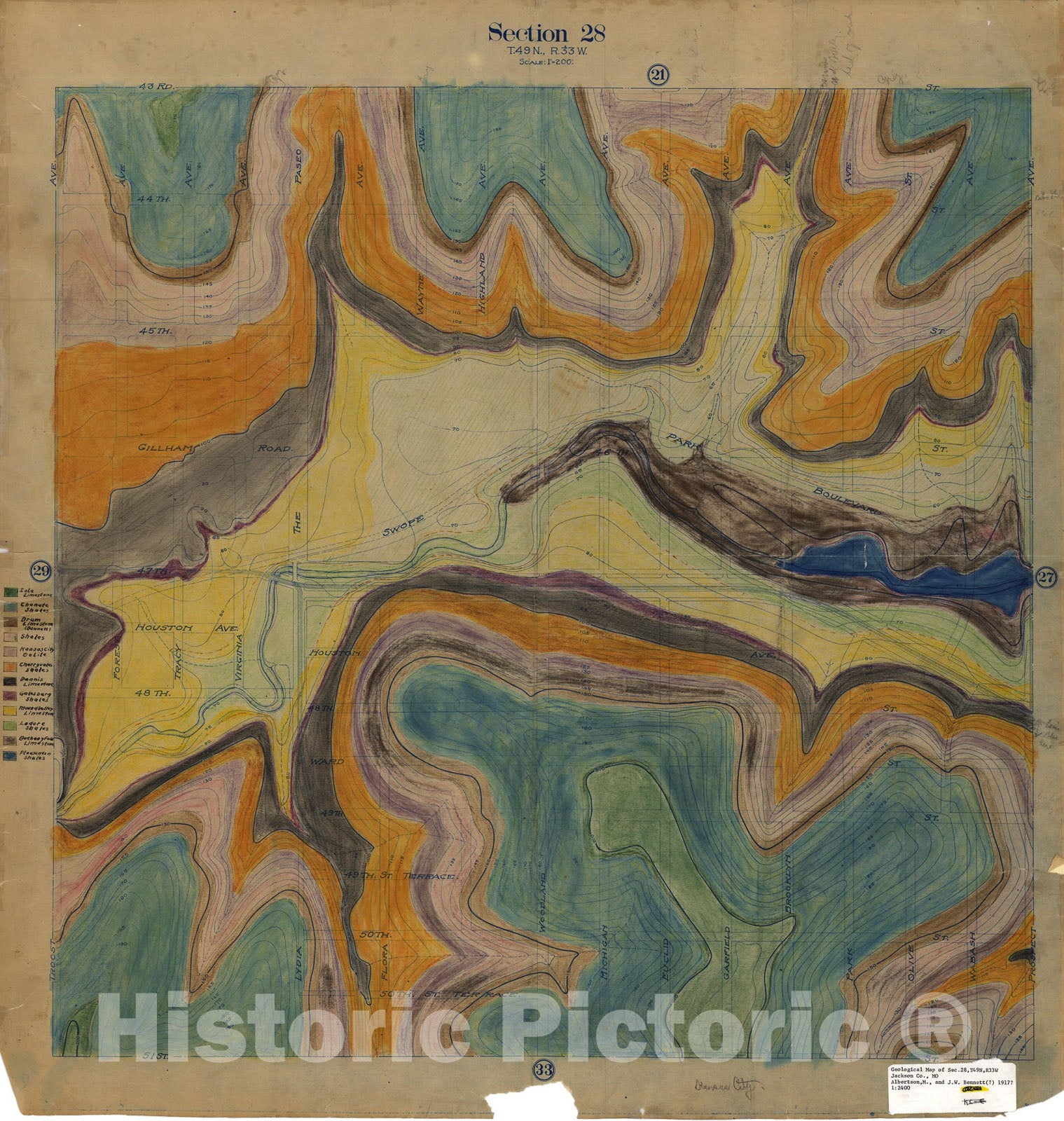 Map : Geologic map of Sec. 28, T49N, R33W, Jackson Co., Missouri, 1917 Cartography Wall Art :